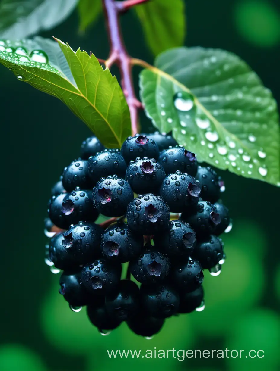 Aronia FRUIT blue dark green with big flower with water drops background 
