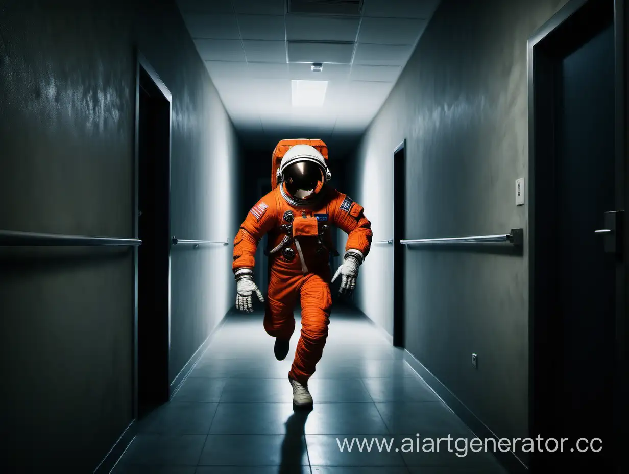 Космонавт в оранжевом костюме убегает от монстра в тёмном коридоре