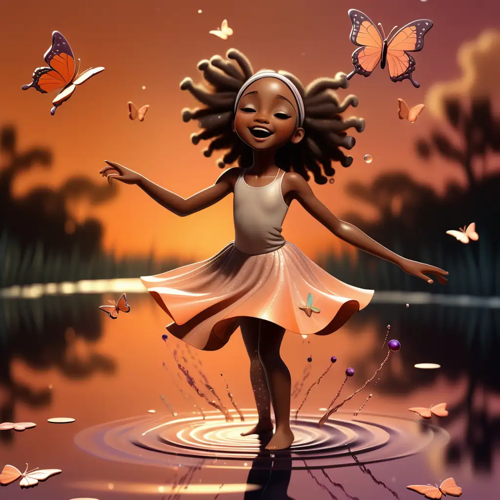 Prompt 1:

7 year old African-American girl dancing on a glistening surface of water, surrounded by a magical shimmer of glitter and a flurry of butterflies, reaching to the sky as she dances. She enveloped in the warm, orange glow of the evening sunset. The scene is depicted in an enchanting 3D style.

Prompt 2:

Prompt 2: An intricately detailed, three-dimensional image of a 7 year old African-American girl mid-dance on the reflection-rich surface of a lake. As she reaches to the sky in her dance, mystical glitter whirls around her, with butterflies adding to the scene's charm. The backdrop is a captivating evening sunset.

Prompt 3:

In a styled 3D visual, a 7 year old African-American girl dances in joy on the water's surface. She is reaching to the sky, her movements creating a swirl of magical glitter all around. Accompanying her are whimsical butterflies, all under the mesmerizing hues of the evening sunset.

Prompt 4:

An African-American girl, aged 7, joyously dances on the shimmering surface of water, sparkling glitter swirling around her like a fantastical aura, and butterflies fluttering freely in the 3D portrayal. As she reaches to the sky with her youthful exuberance, the evening sunset paints a breathtaking backdrop.