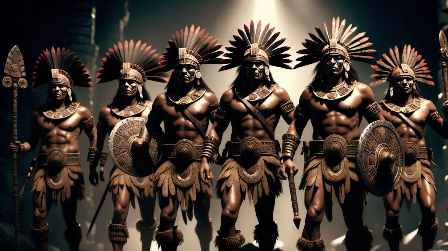 Imagen ultra realista, varios guerreros aztecas con una maza en la mano ,iluminación cinematográfica,alta definición,16k
