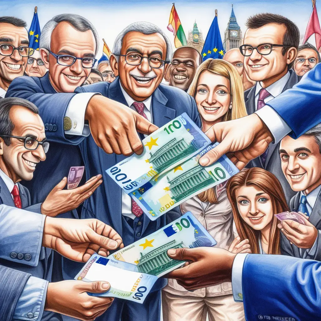 Create a vivid picture of people handing over euros to some other people. The EU flag should be in the background. The image must be in the style of Matt Wuerker.