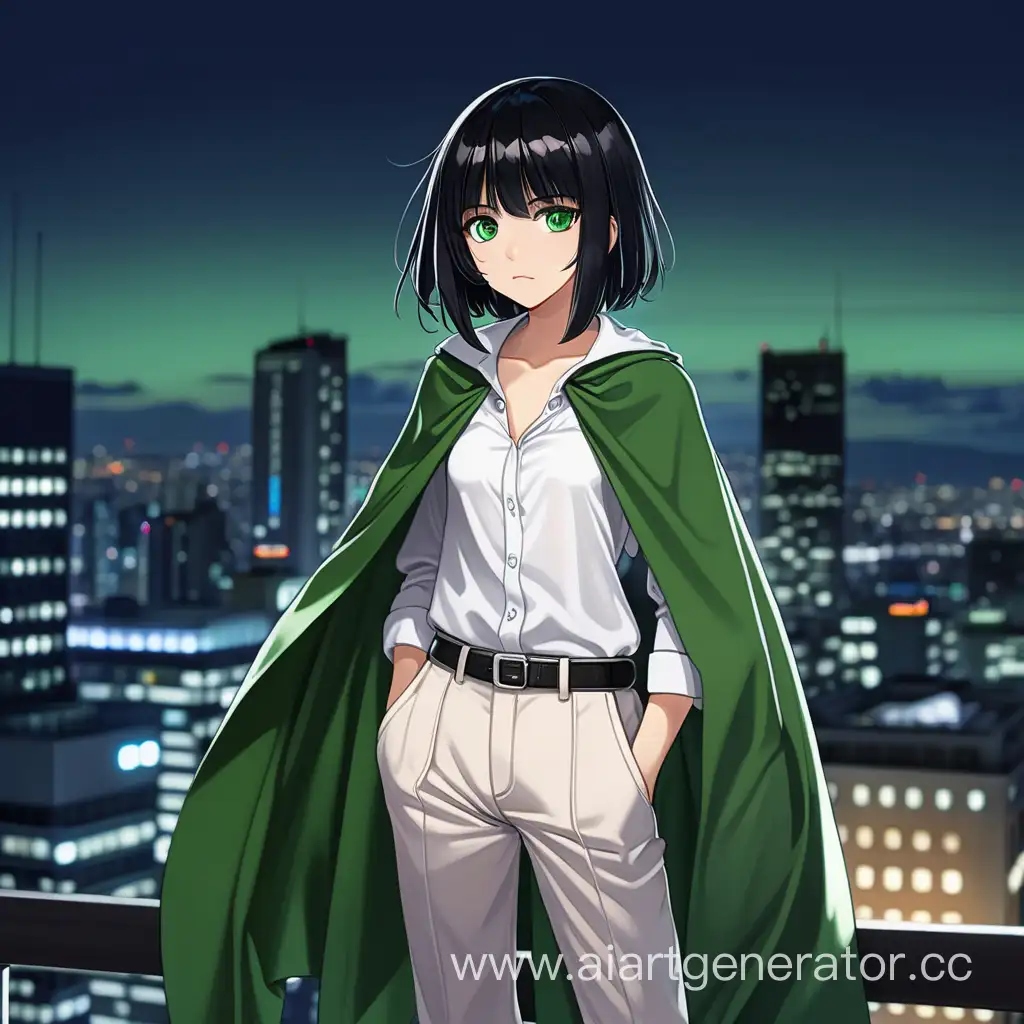 Аниме девушка с чёрными волосами карэ и зелёными глазами. Одета в белую рубашку и брюки и в зелёный плащ. Находится на крыше небоскрёба ночью. Без эмоций