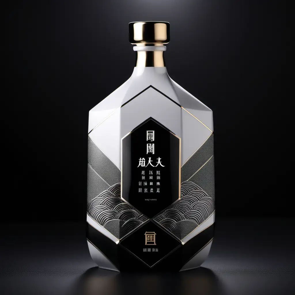 Chinese liquor packaging design, high end liquor, 500 ml ceramic bottle, photograph images, high details, silver  and black simple geometric texture, original and interesting bottle shape