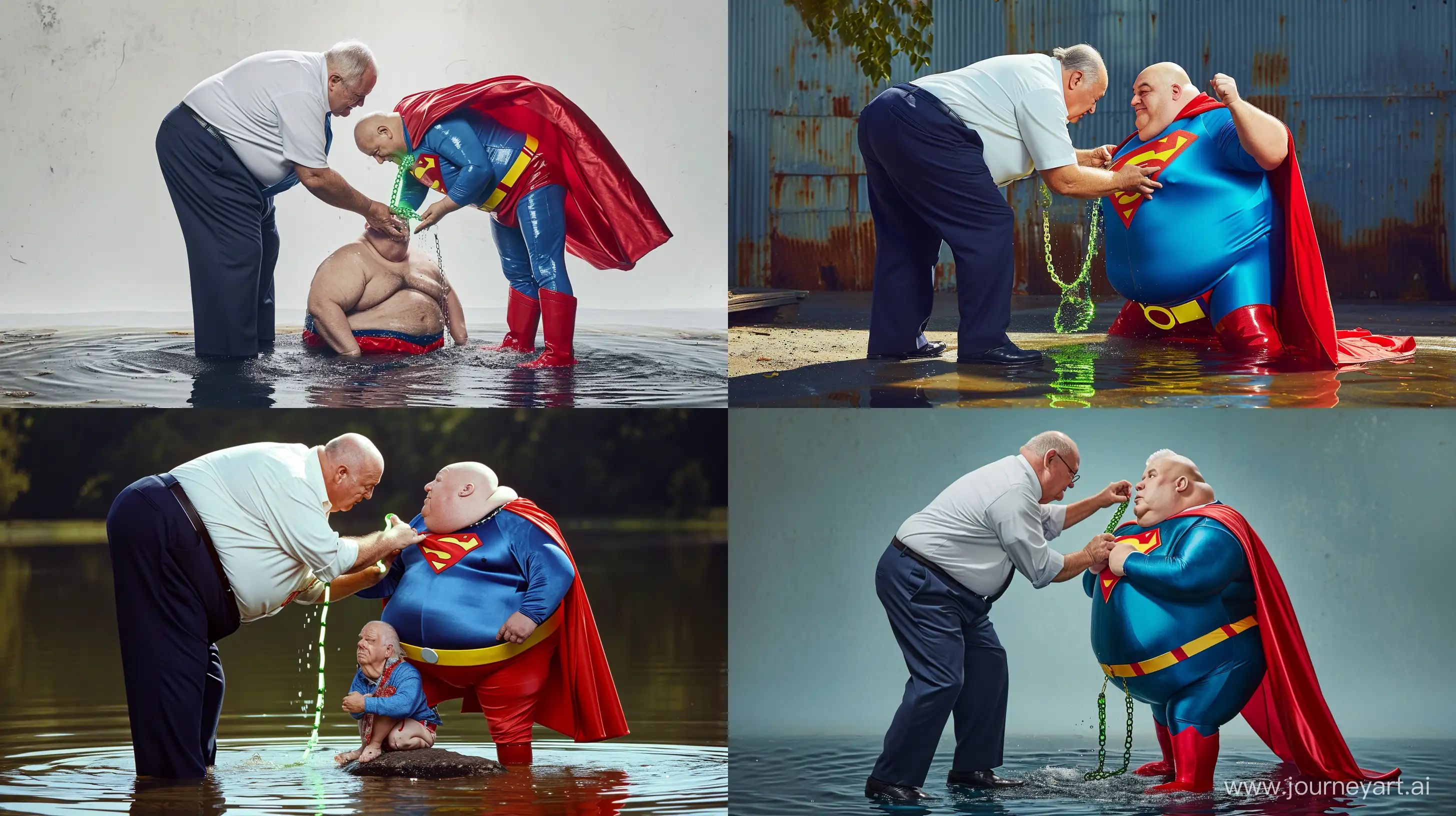 Photo of an obese man aged 70 wearing navy business pants and a white shirt. He is bending over another chubby man aged 70 dressed in a clean slightly shiny blue superman costume with a big red cape, red boots, blue shirt, blue pants, yellow belt and red trunks sitting in water, and he puts a heavy glowing green chain around his neck. Outside. --style raw --ar 16:9 --v 6