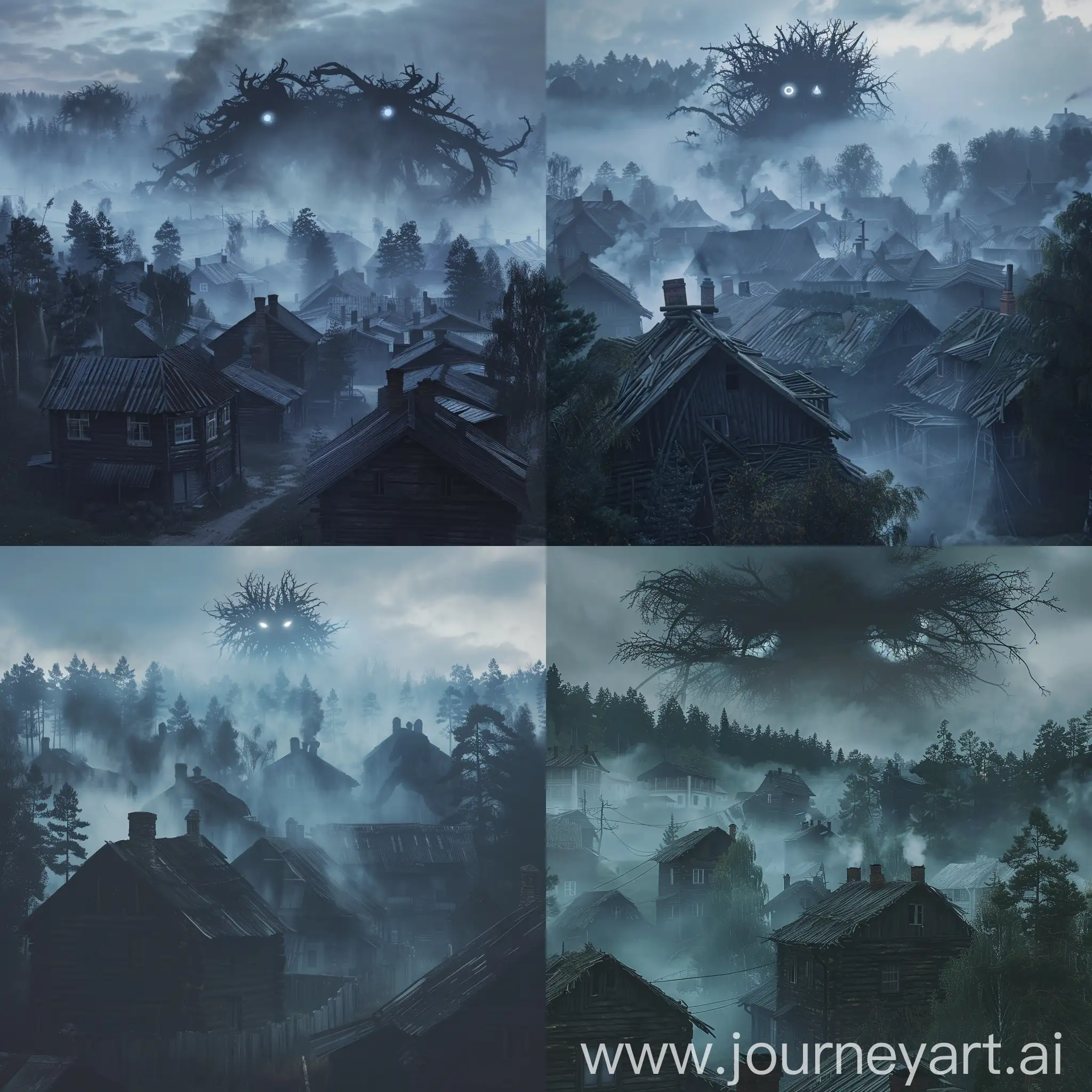 old village, wooden houses, fog, night, gloomy atmosphere, russia, forest, smoke from chimneys of houses,Over the village silhouettes creatures in the mist, a creature made of branches, eyes glow,  hyperrealism, 8K image quality, ultra detail
