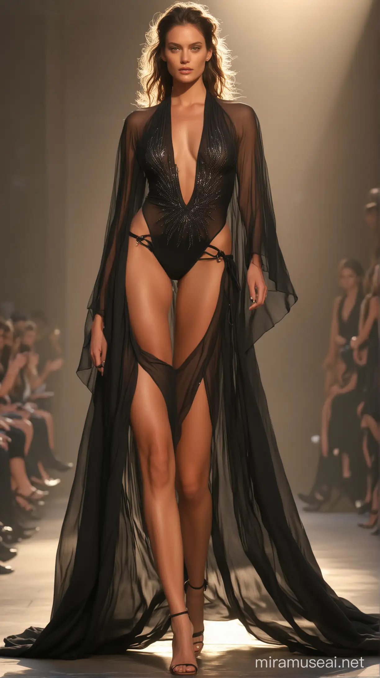 Stunning supermodel runway motion for Montelago brand, front angle, wearing black charcoal bikini and only sheer large flowy long cape , hands in the pockets , hyper-realistic, golden hour, Alexander McQueen style