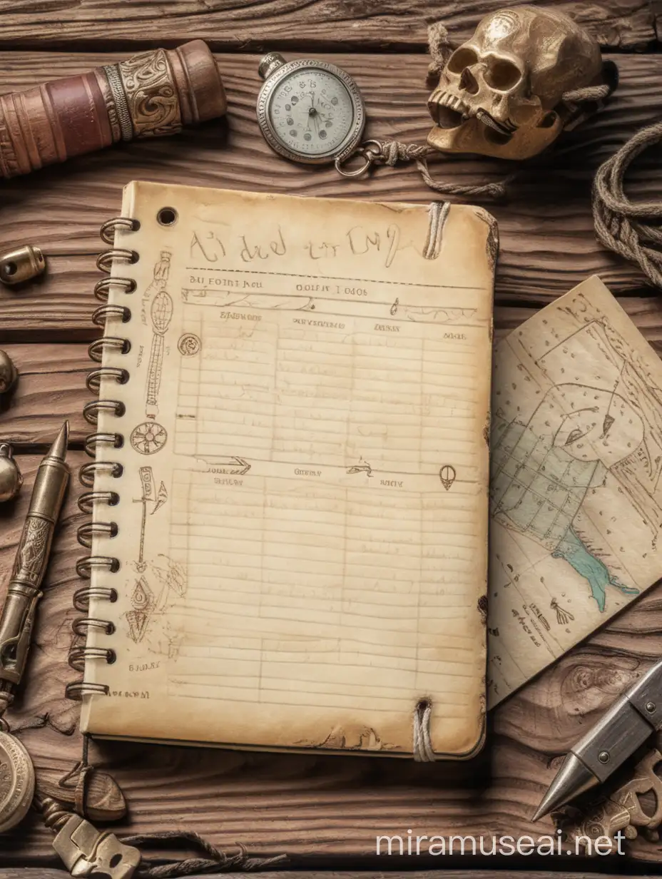 a diary with notes lies on a wooden table, archeology, adventure

