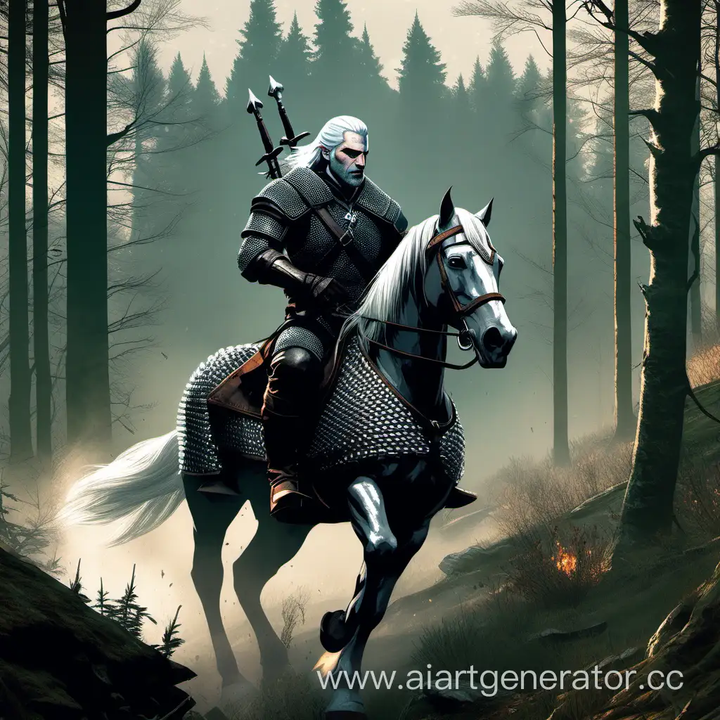 Ведьмак, в кольчужной броне, едет по лесу на лошади