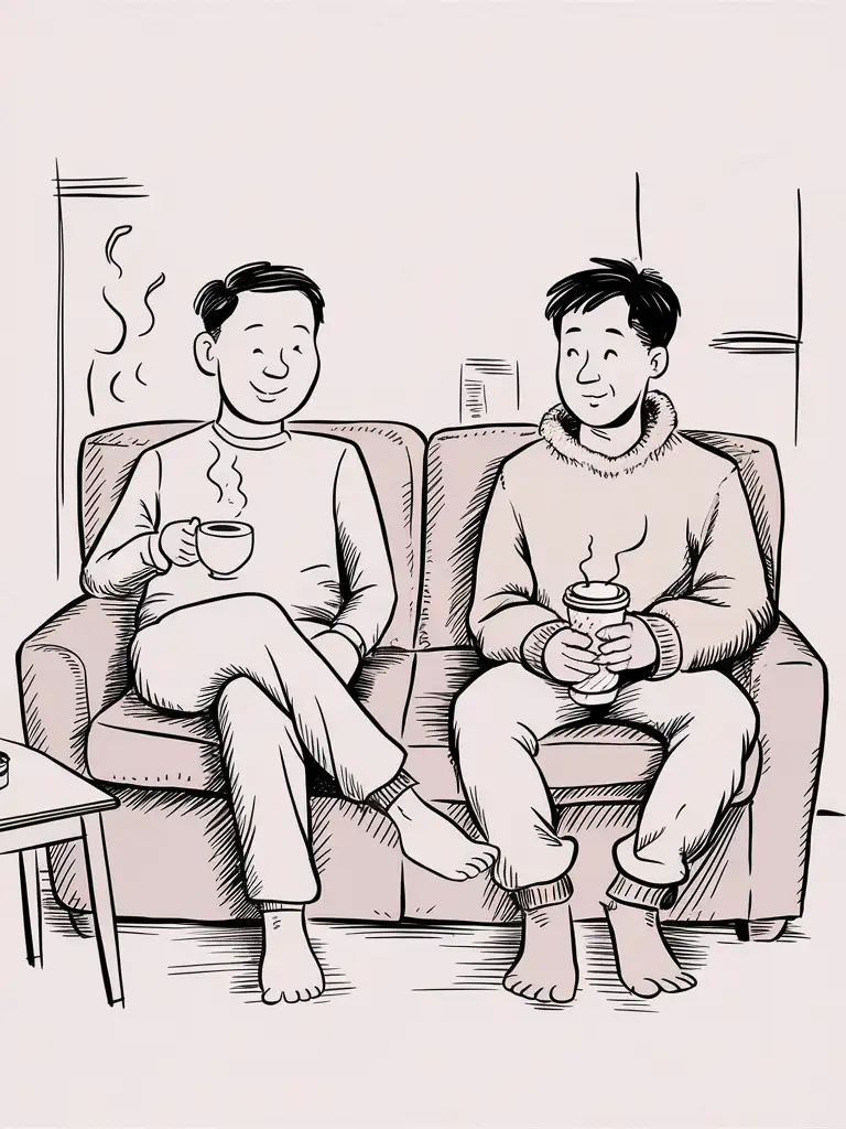 Two Asian men are sitting on the sofa. On the left is a 36-year-old man holding a cup of tea in his hand, and on the right is a 20-year-old man wearing a sweatshirt holding a paper cup of coffee in his hand, simple drawing, hand-drawn style