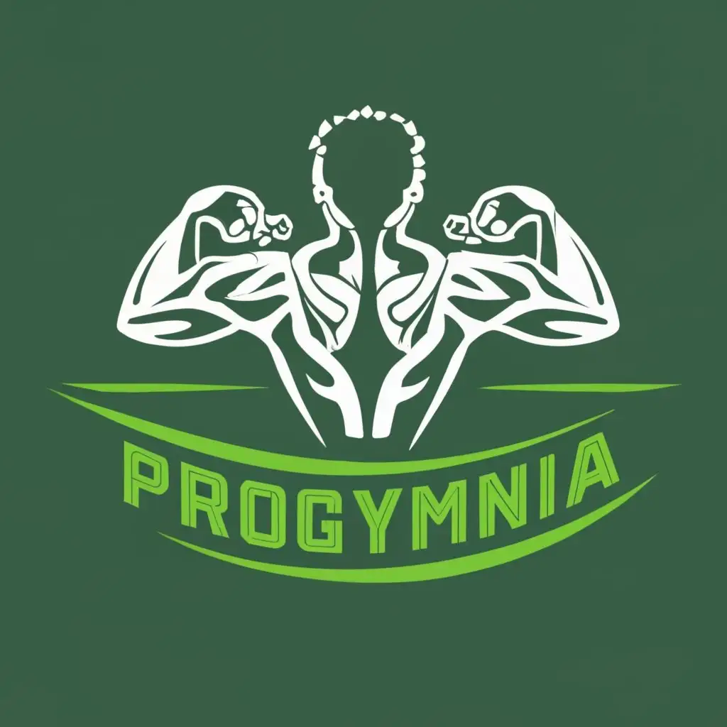 logo, back muscle green, with the text "progymnia", typography, be used in Sports Fitness industry