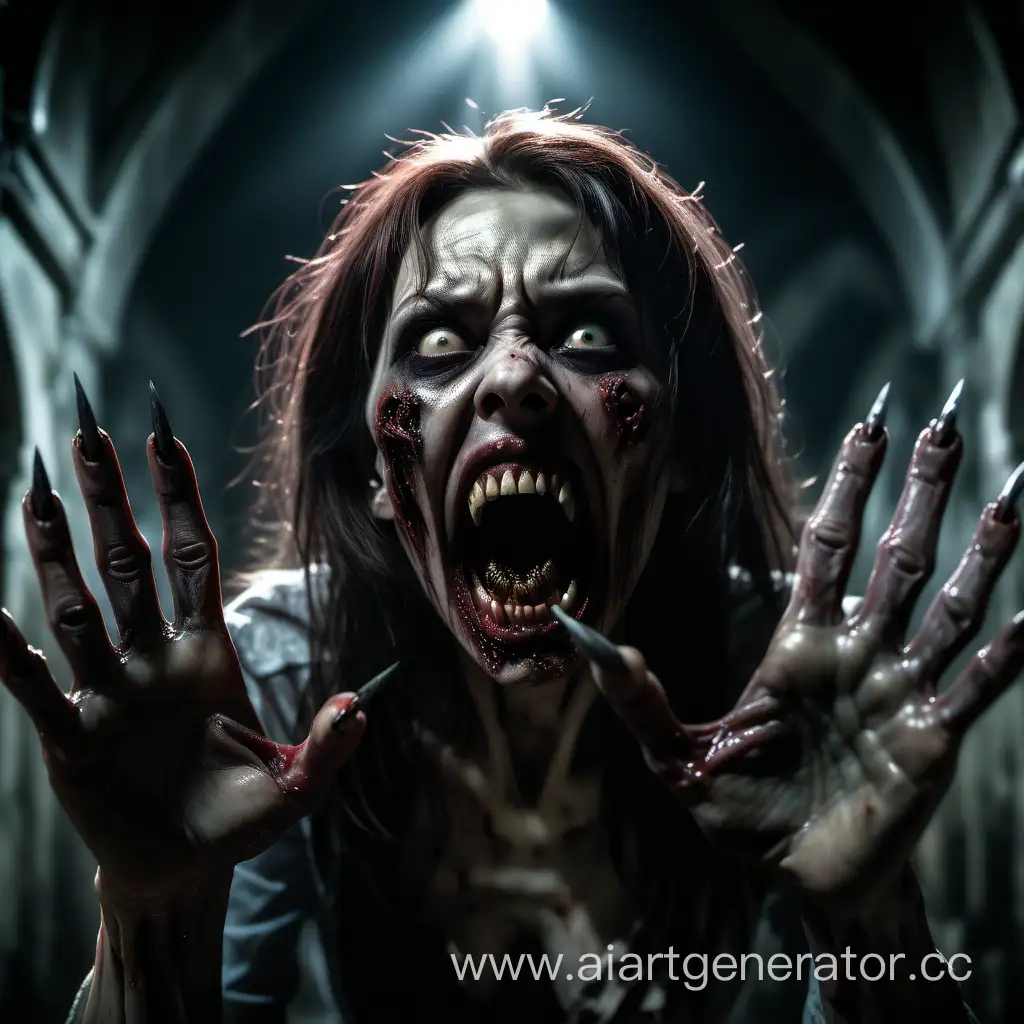 A horrifying nightmare scene of aggressive a zombie woman with pointed claws on her five-fingered hands, her mouth is open with pointed teeth, she attacks you, scene inside old crypt, hyper-realism, cinematic, high detail, photo detailing, high quality, photorealistic, terrifying, aggressive, sharp teeth-fangs, dark atmosphere, realistic detailed, detailed nails, horror, atmospheric lighting, full anatomical, human hands, very clear without flaws with five fingers