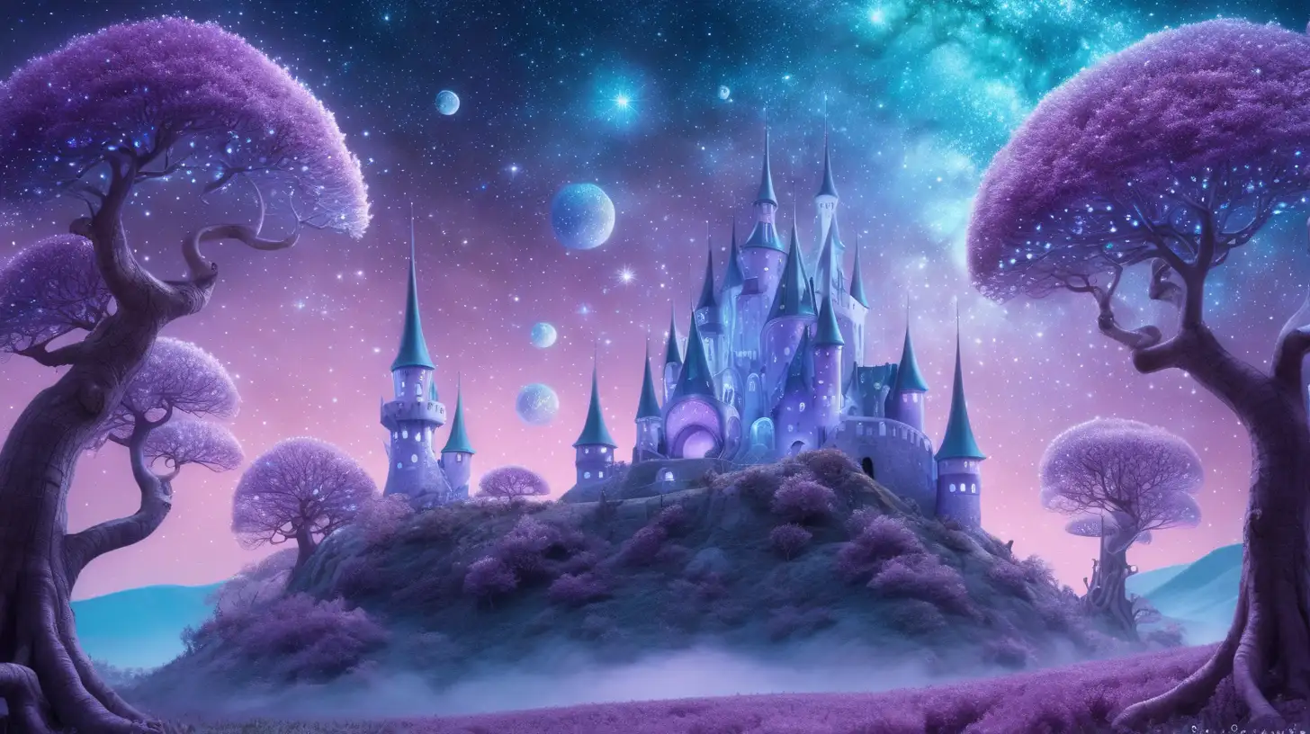 fairytale-magical grape trees -glowing-pastel purple-sky blue forming a castle that shows outer space astroids and mushrooms
