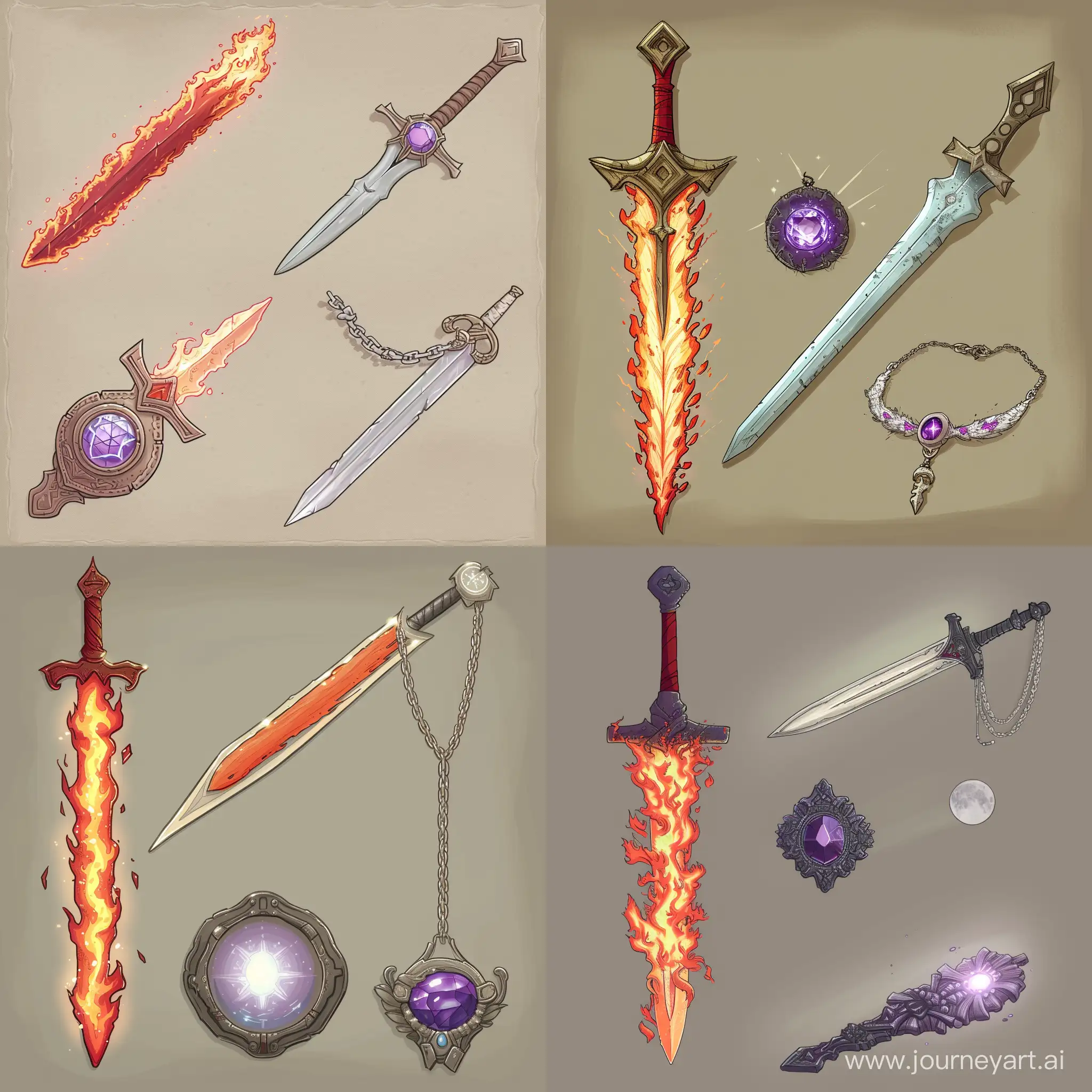 Generate 4 pictures of artifacts for the game. 1. Flaming Sword "Flaming Blade"
Appearance: A sword with a bright red hilt and flames flashing along its entire length. 2.Time Amulet "Time Lock"
Appearance: An amulet with a purple crystal in the center emitting a faint light. 3.Moonlight necklace "Moonlight Shine"
Appearance: A necklace with a pale silver chain and a purple stone emitting light.4. "Earth Shield" is a magical protective earthen rampart. draw everything in the same hand paint style