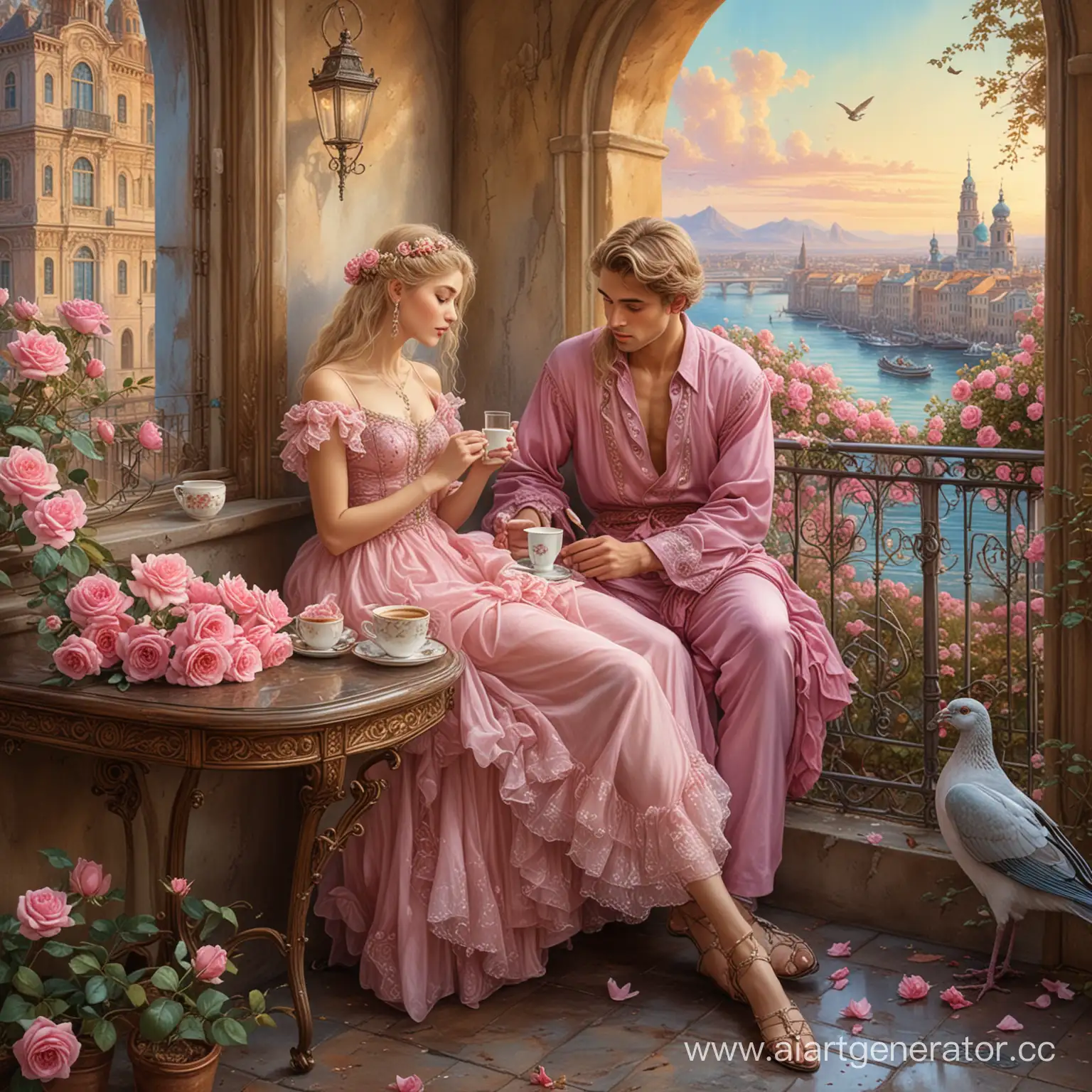 in the style of paintings by Josephine Wall, St. Petersburg, a handsome young man and a beautiful girl in full height are sitting in a cafe on a coffee table and pink roses are lying on the table blonde hair makeup clothes high jetty modern gently , outside the window a modern city pigeons on the asphalt ,detailed drawing of contours, realism,light tones of watercolor in the style of paintings by Josephine wall in the Gothic style