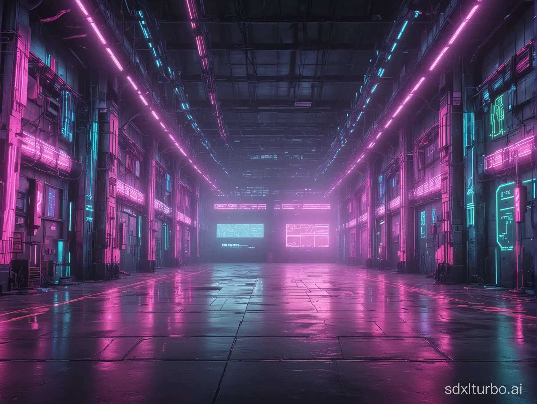 Futuristic large industrial hall from the future. Cyber neon colors.