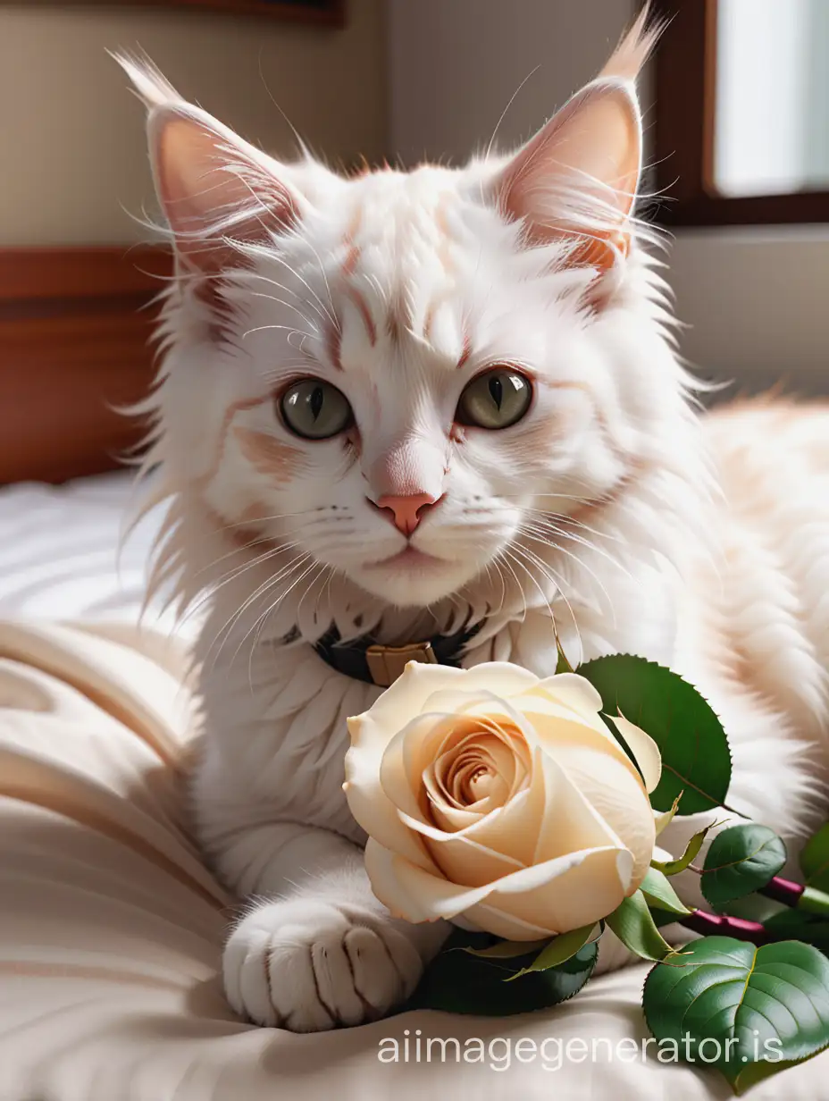 Kitten lies on the bed next to a white rose, by Tom Wanerstrand, Reddit, hurufiyya, Maine Coon, rontal shot, studio photo, 2K UHD realistic image, koyoharu gotouge, ilya kuvshinov, kyoani, kdaikkuro, dof
