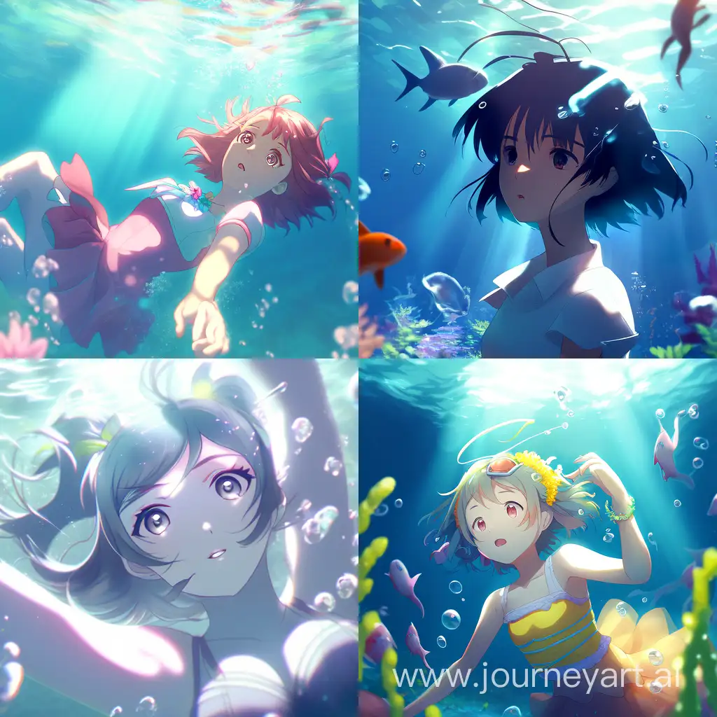 Anime style, girl underwater, bright sunshine, 8k