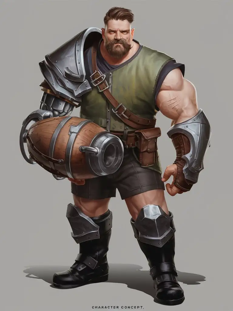 bulky hypermascular 40s male, dnd brawler bartender fighter, robust facial hair, muted green tabard, oversized titanium armored left pauldron gauntlet, enormous wood titanium tankard prosthetic replaces right arm, black boots titanium greaves, videogame fantasy character concept