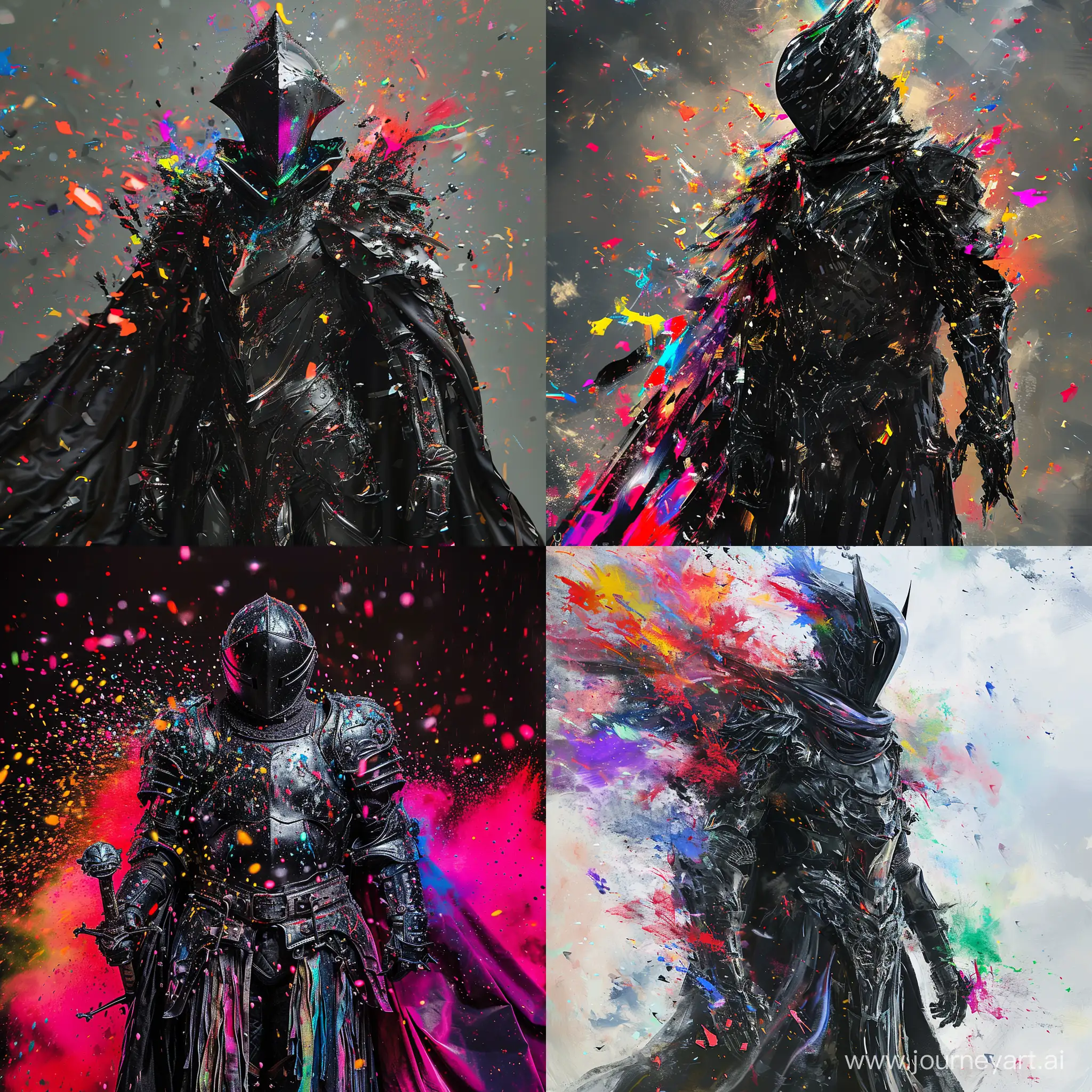 Full length portrait, a black knight in unusual armor, in cyberpunk style, explosion of colors
