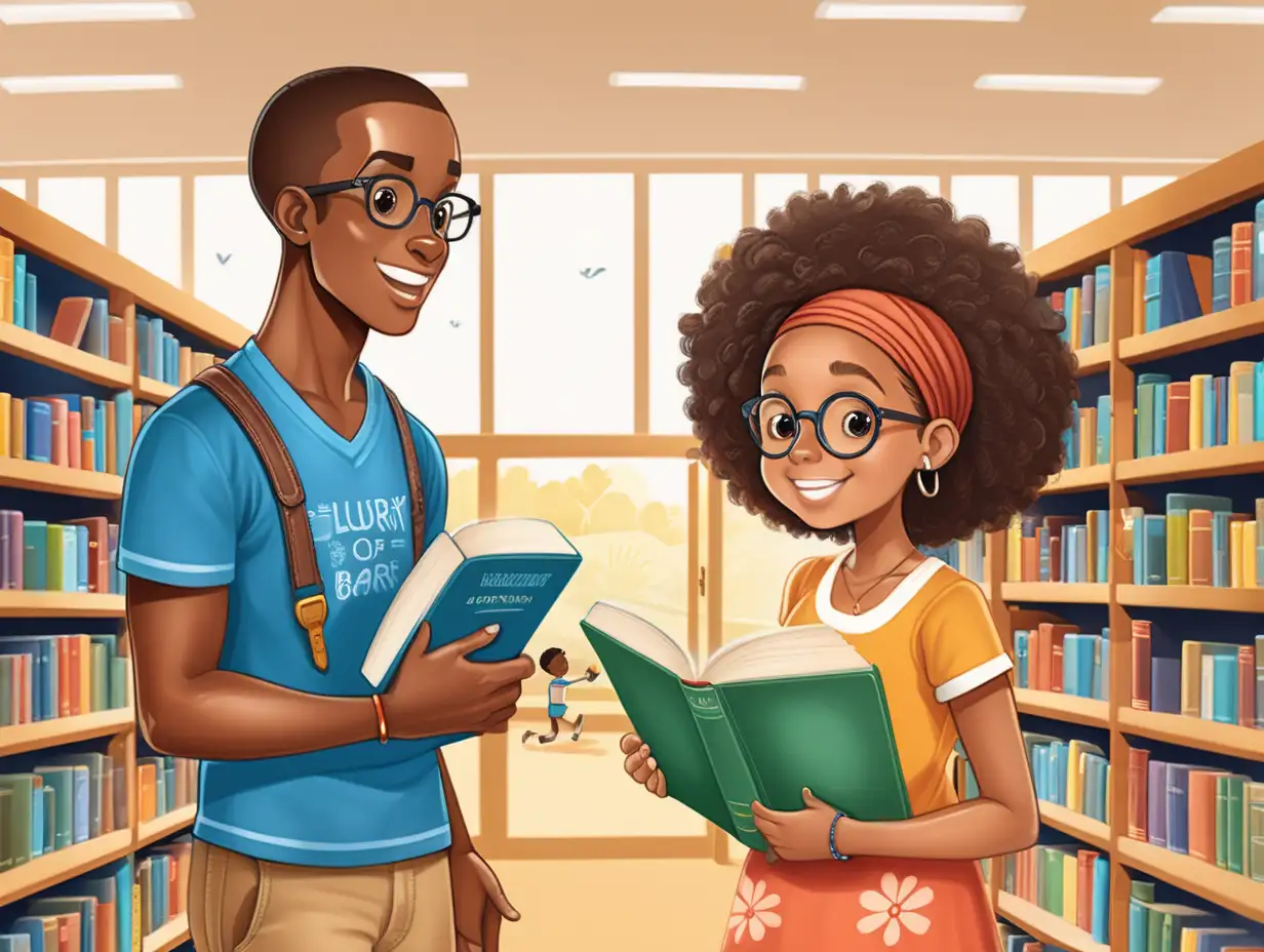 children's art illustration, poster for library week of a young african woman and man standing in the middle of a rural library with librarian handing her a book mesmerised by the library books, characters starring at books in a library, cute poses, excited expressions, full colour, front view, side view, back view, no outline