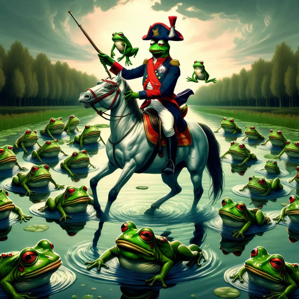 pepe the frog riding a horse through a pond as napoleon with an army of frogs