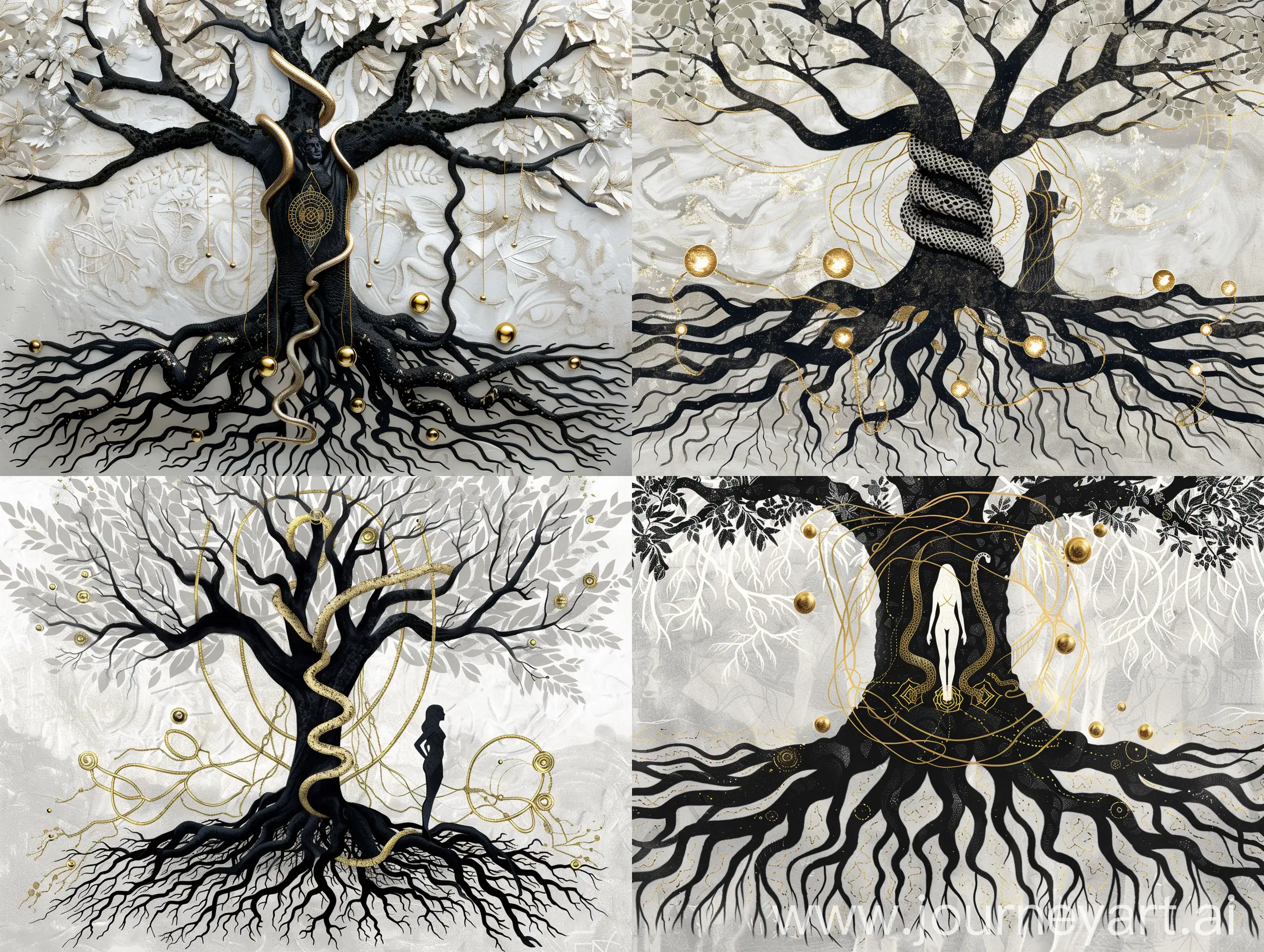 a monochrome tree with black roots and white branches the black symbolising the unconscious mind and the conscious mind the roots reaching to hell and the branches reaching to heaven with a serpent wrapping from the roots around the trunk and all the way to the branches. the trunk is thick and the serpent has a thick body. there is female. similar to the carl Jung tree. there are gold lines and roots amongst the tree leaves and roots. there is a woman's shadow figure in the centre of the tree with the snake also wrapped around her her chakras are lit up in gold ball orbs and there are 7 chakra rings circled around her to represent her aura