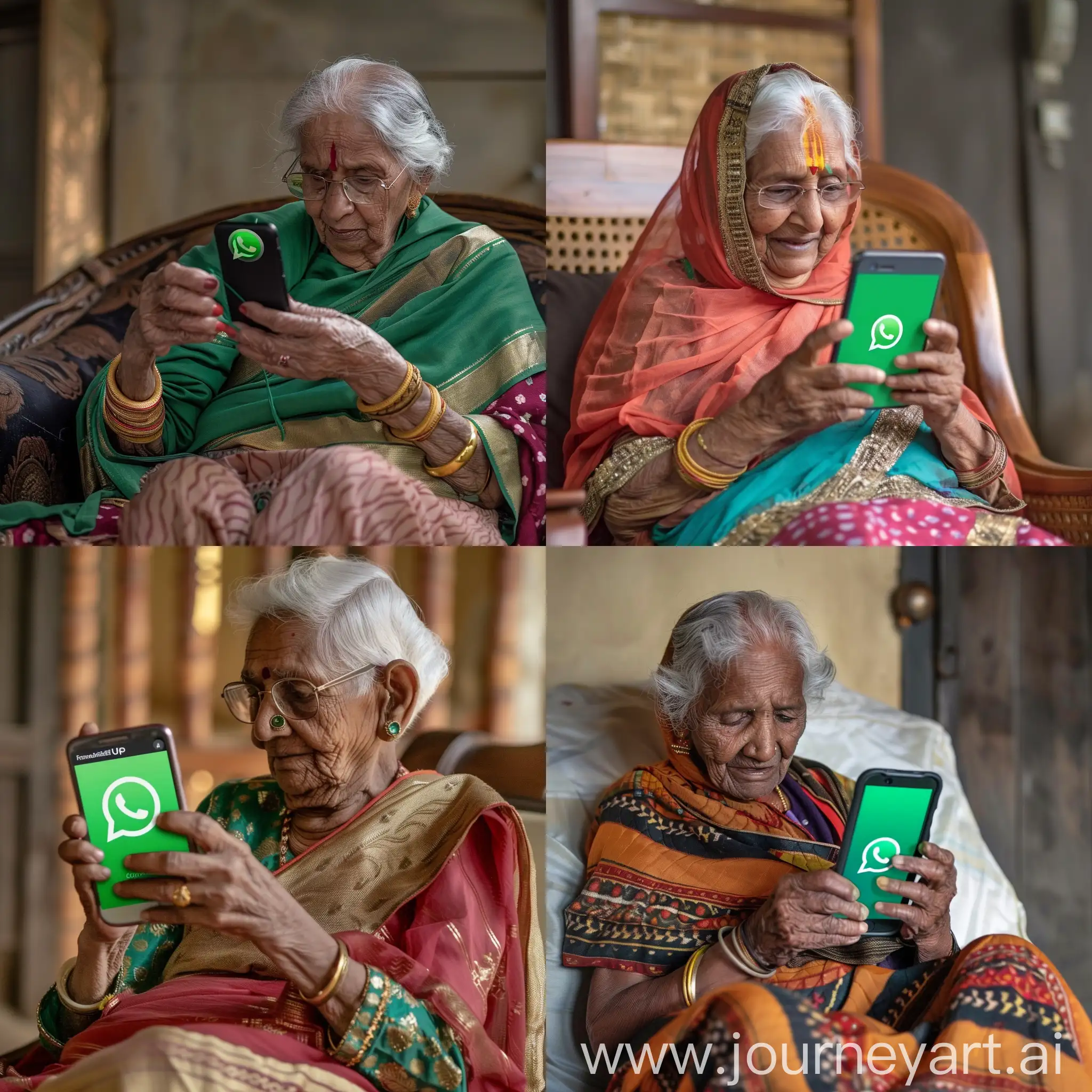 An image where old indian grandmother is using Whatsapp UPI
