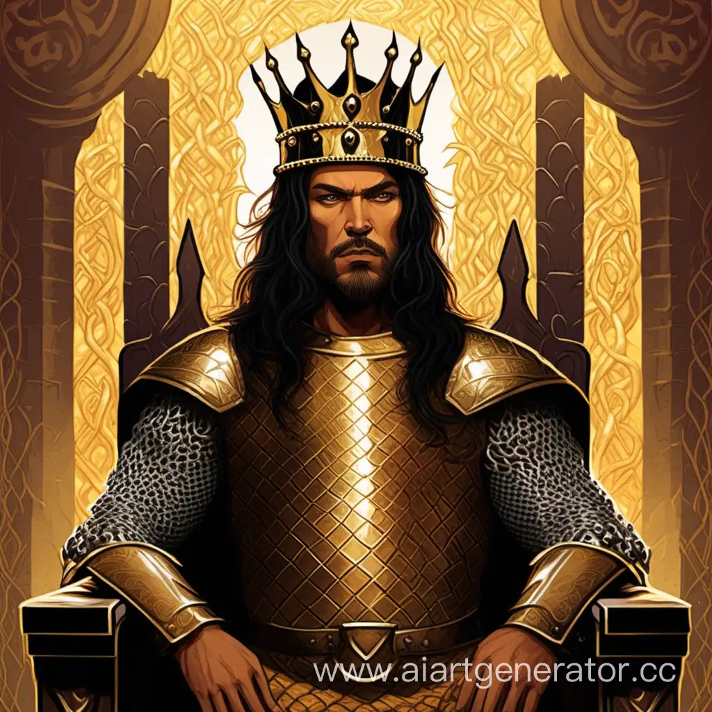 Мужчина, светлая смуглая кожа, грозный взгляд, корона на голове, тёмные длинные волосы, короткая борода, в золотой кольчуге, задним фоном тронный зал