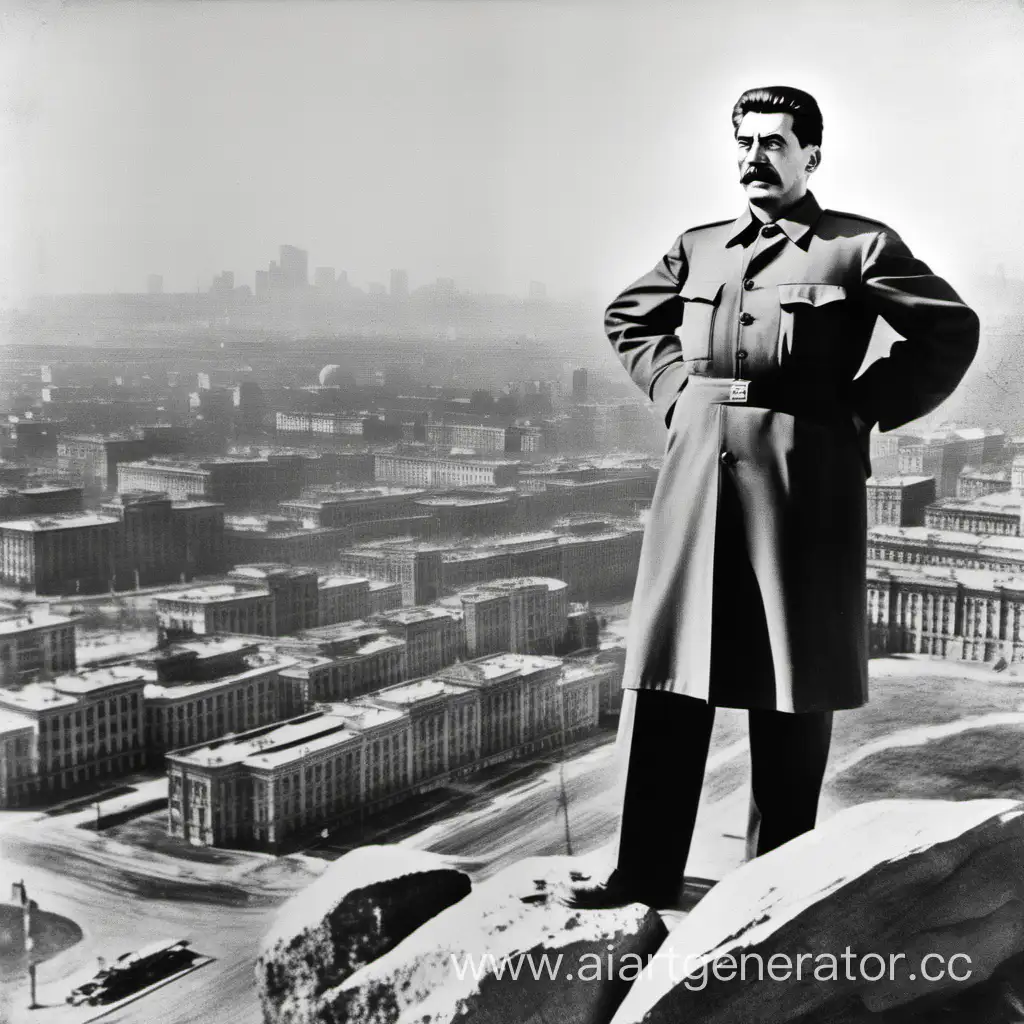 Йосиф Виссарионович Сталин стоит на большом камне перед городом