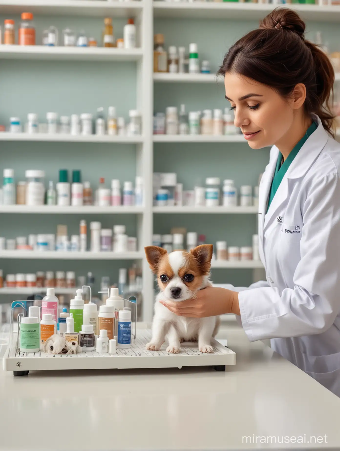 woman vet examinate a little dog in a table , behind a rack with pharmacy pet products blur