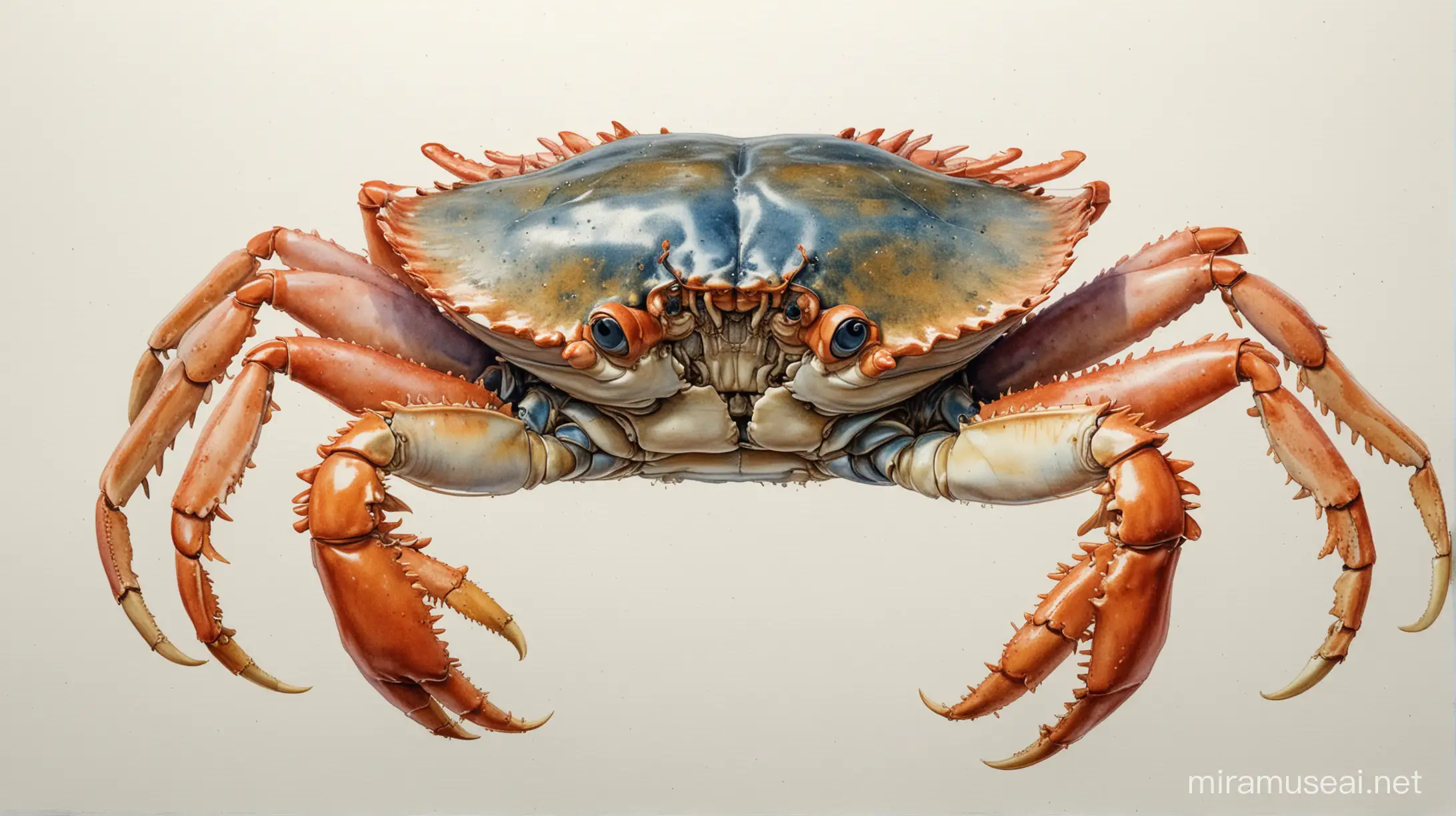 Imagine un dessin technique précis d'un crabe, avec tous les détails anatomiques soigneusement rendus; aquarelle