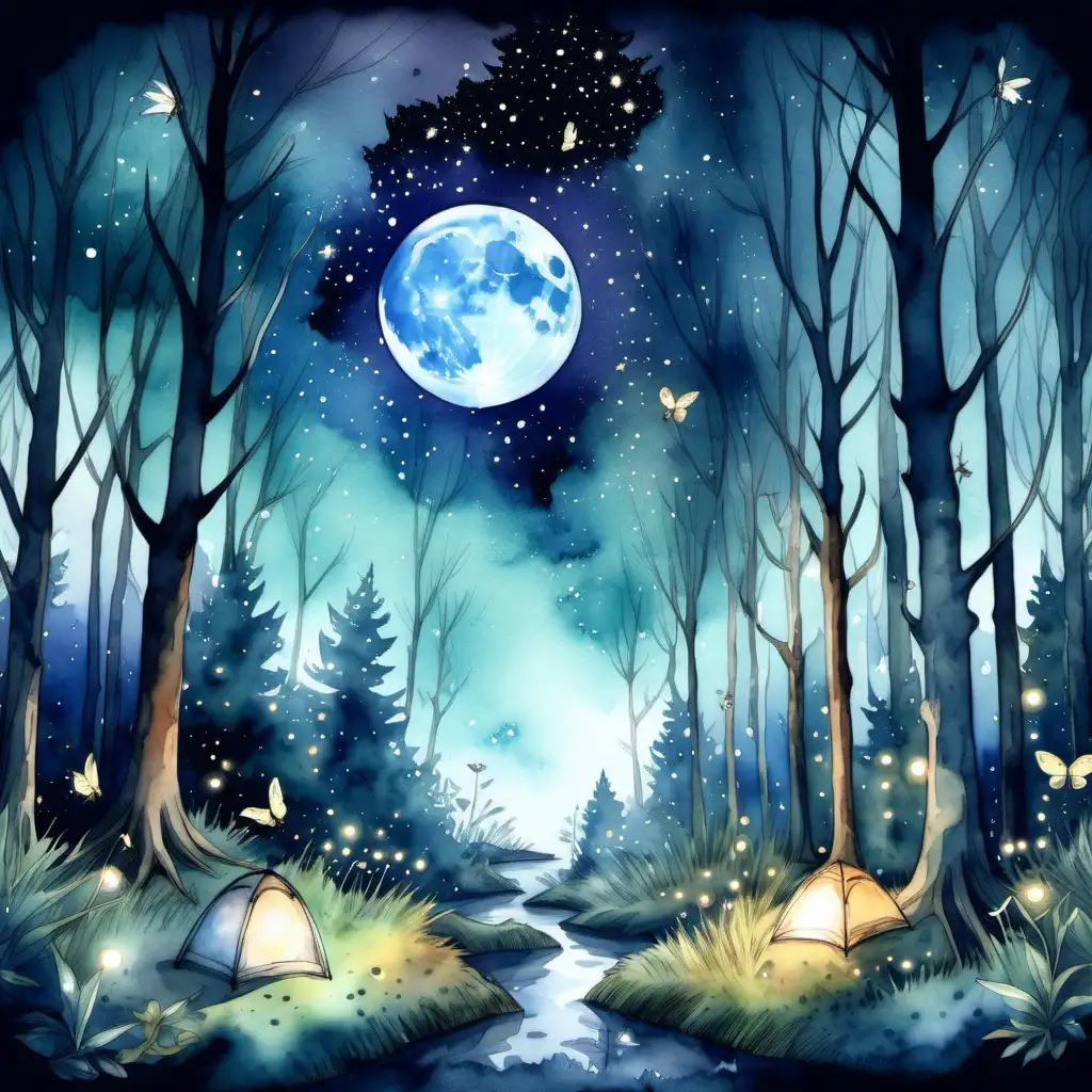 Generate a watercolor image of a moonlit clearing where mystical creatures gather under the stars. Include creatures like luminescent fireflies, gentle giants, and ethereal beings, creating a dreamy nocturnal scene.