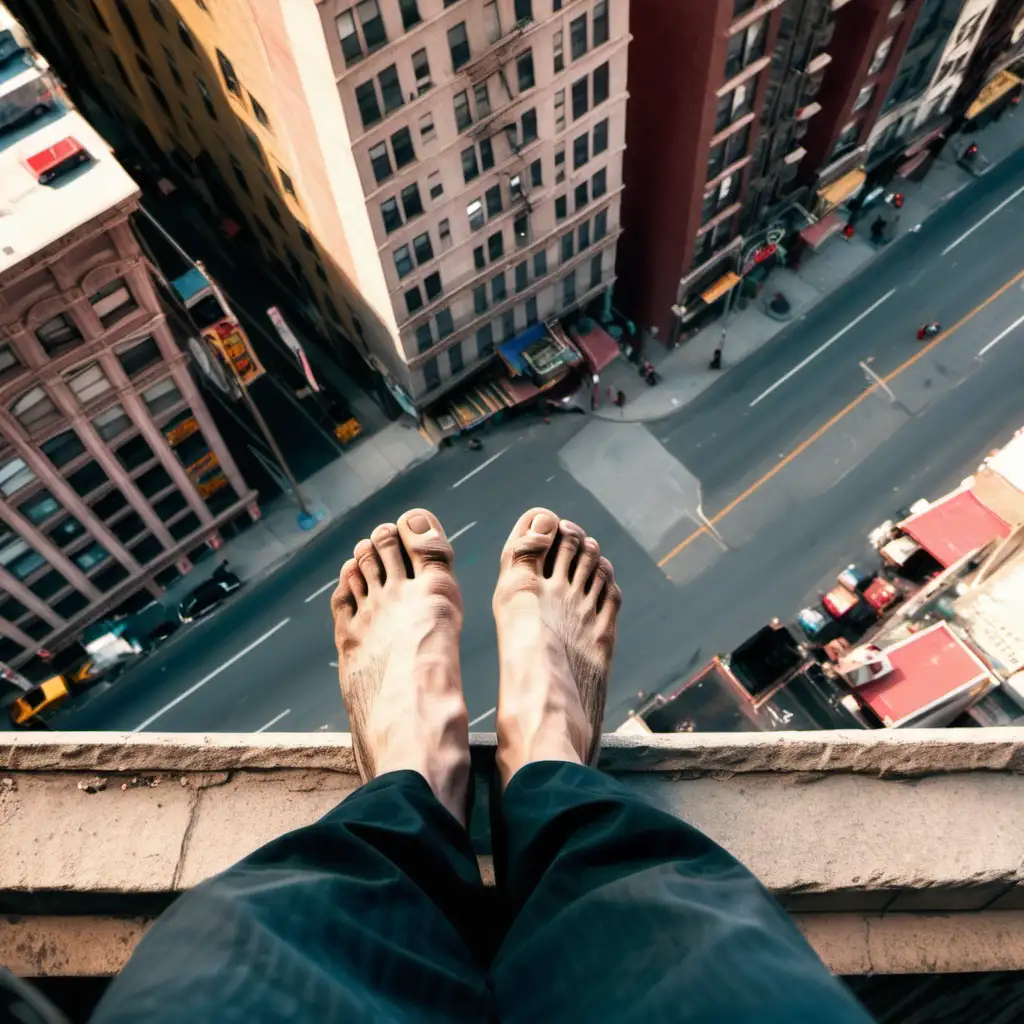 Urban Heights Barefoot Man Gazing Over Cityscape