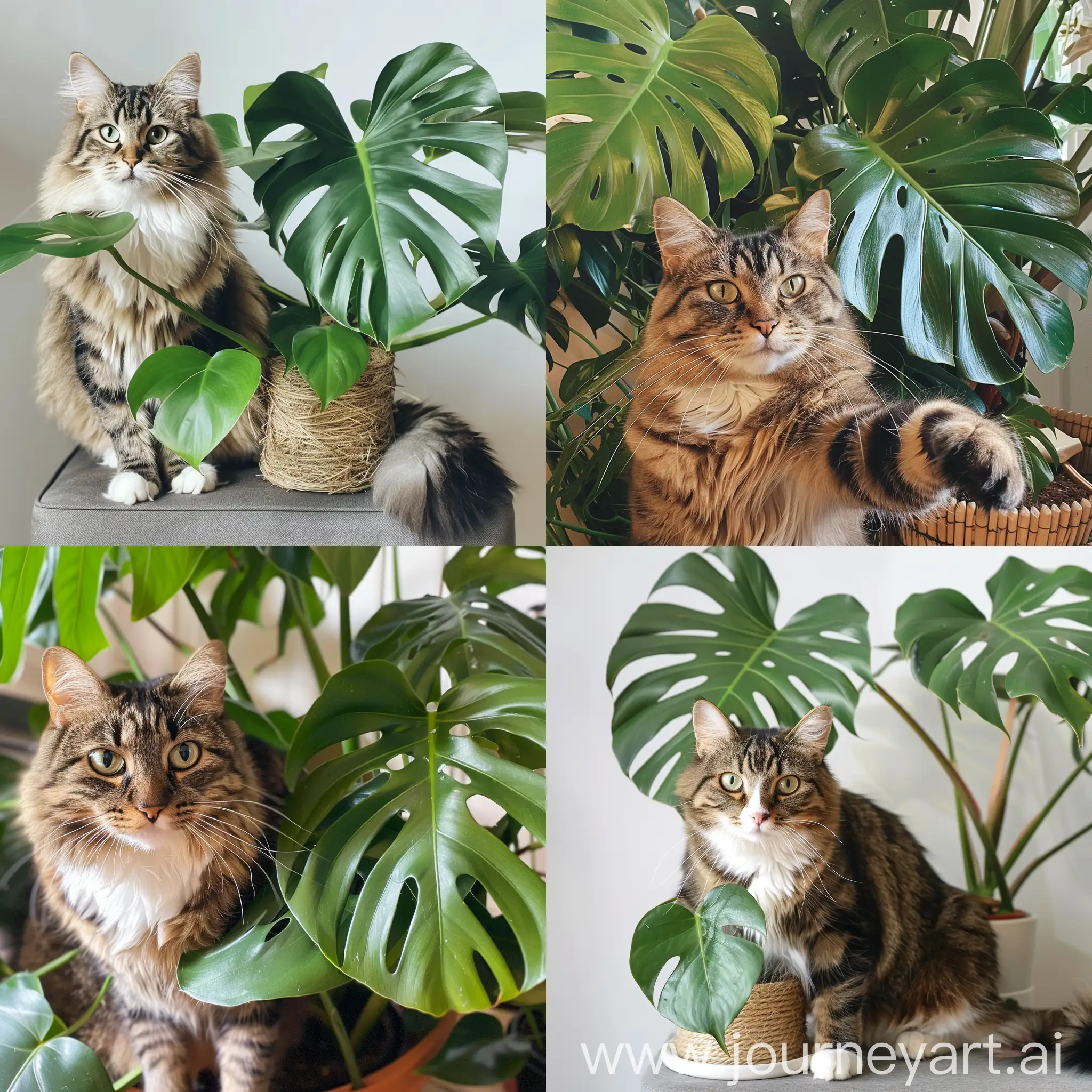 a cat posing with a monstera plant