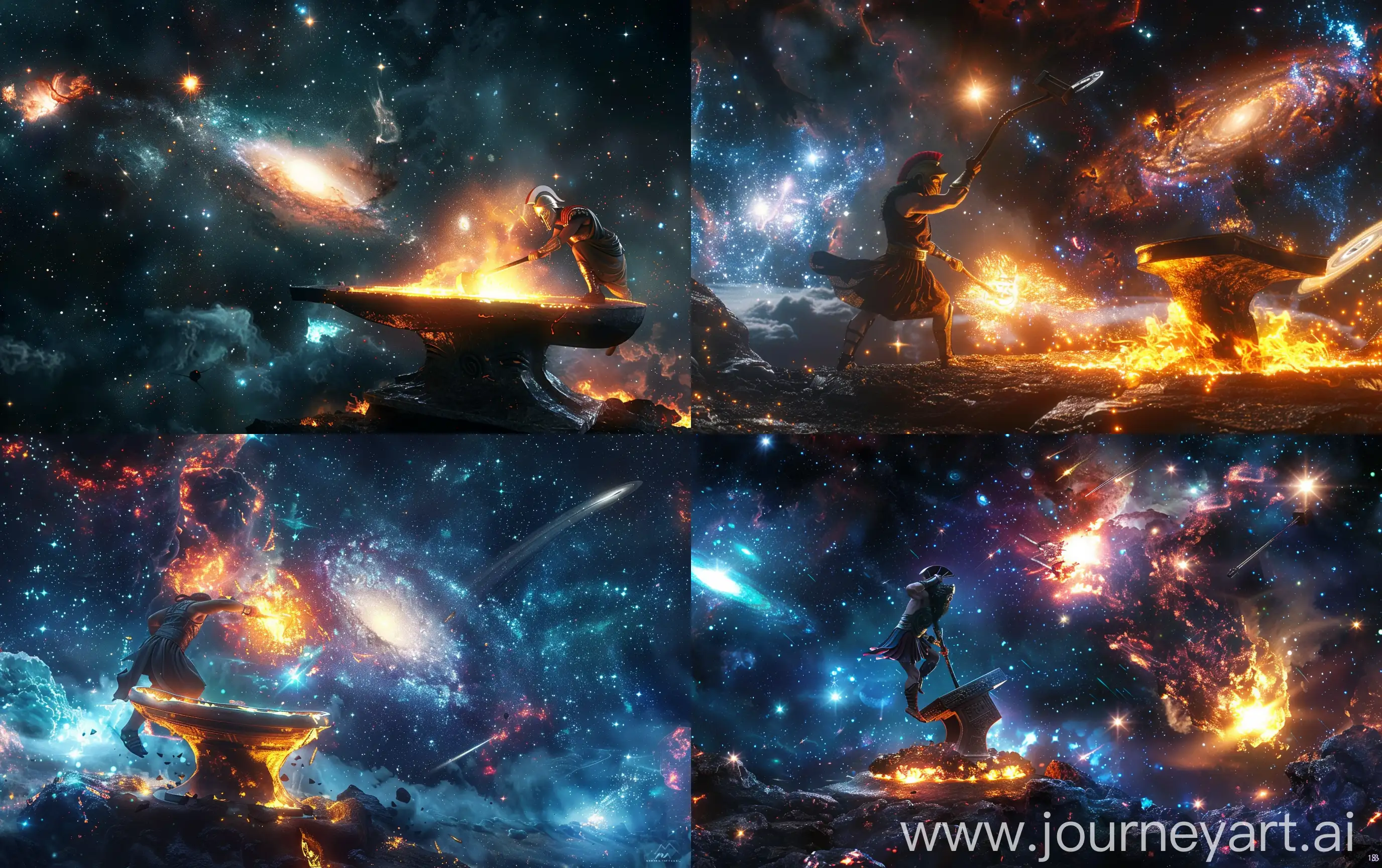 Supernova fusion forge, glowing anvil, A greek god swingыs a hammer,  deep space on background with bright galaxies and a nebula and a comet, realistic, hi resolution, cinematic, Canon 18mm --ar 16:10