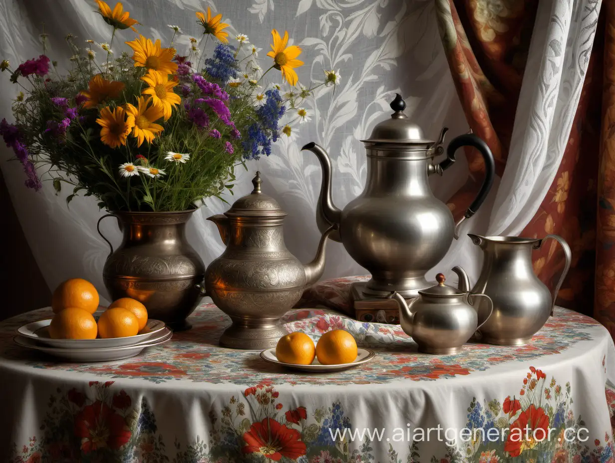 Rustic-Table-Setting-with-Samovar-and-Wildflowers
