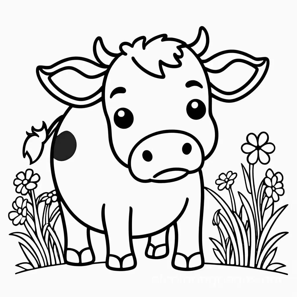 kawaii cow, Coloring Page, black and white, line art, white background, Simplicity, Ample White Space. The background of the coloring page is plain white to make it easy for young children to color within the lines. The outlines of all the subjects are easy to distinguish, making it simple for kids to color without too much difficulty, Coloring Page, black and white, line art, white background, Simplicity, Ample White Space. The background of the coloring page is plain white to make it easy for young children to color within the lines. The outlines of all the subjects are easy to distinguish, making it simple for kids to color without too much difficulty
