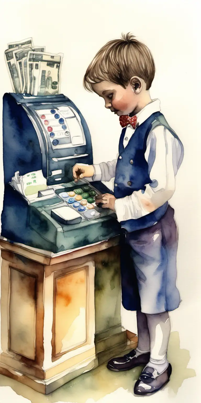 5 year old boy with olive complexion, dressed up as a shop attendant, using a cash register,  watercolour