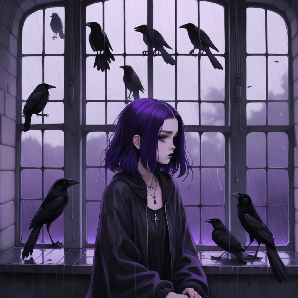 medium sized girl, white girl, alternative looking, purple and black hair, witch aesthetic, sad, , rainy window background, crows