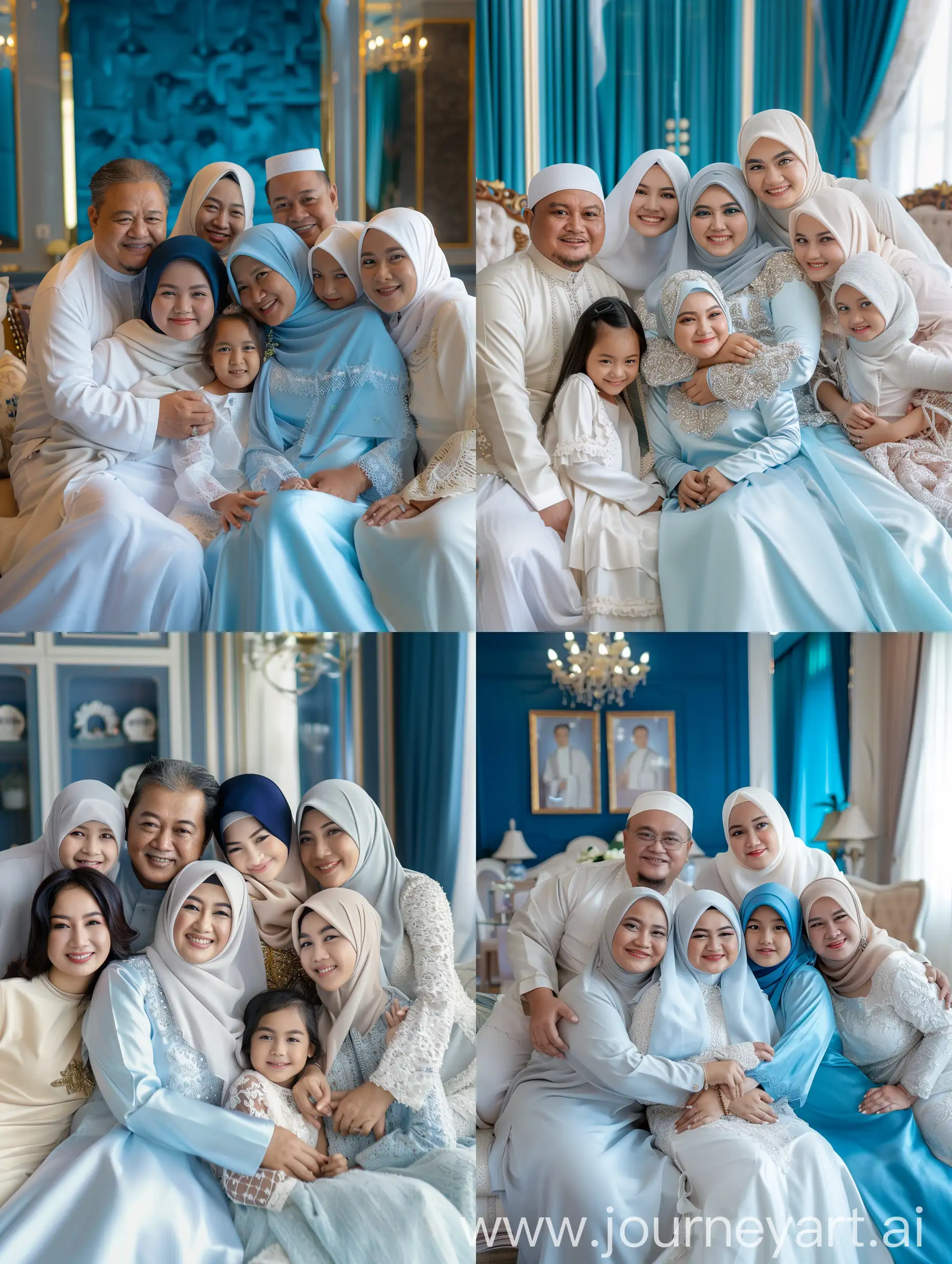  Make a friendly close up photo style, seven members, two Indonesian MAN aged 45 years, chubby, one WOMAN aged 45 years old, chubby, wearing a hijab, three women aged 30 year old, and a girl aged 7 years, they are wearing white colored Muslim koko clothes The latest blue long dress , wearing a hijab, sitting on the sofa, embracing each other, comfortable and happy, in a luxurious living room, luxury home studio background, very detailed. fresh colors, blue lighting, ULTRA HD,