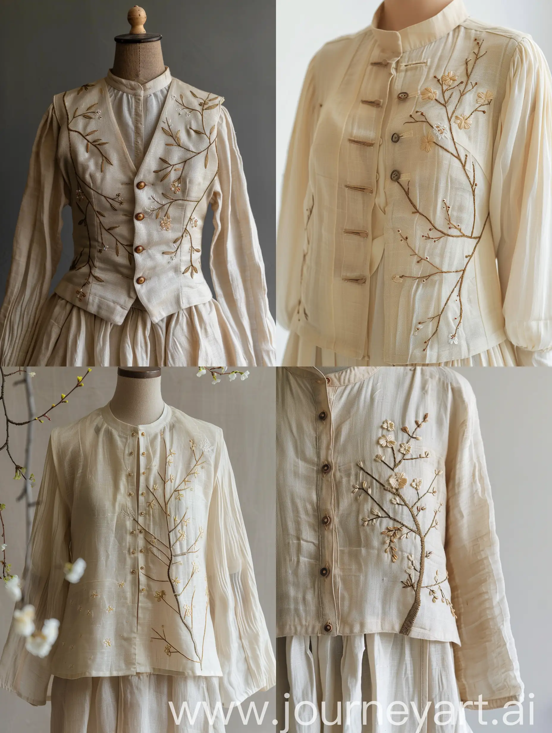A blouse and a vest, shanton fabric, cream color, branch and small flower embroidery, button front