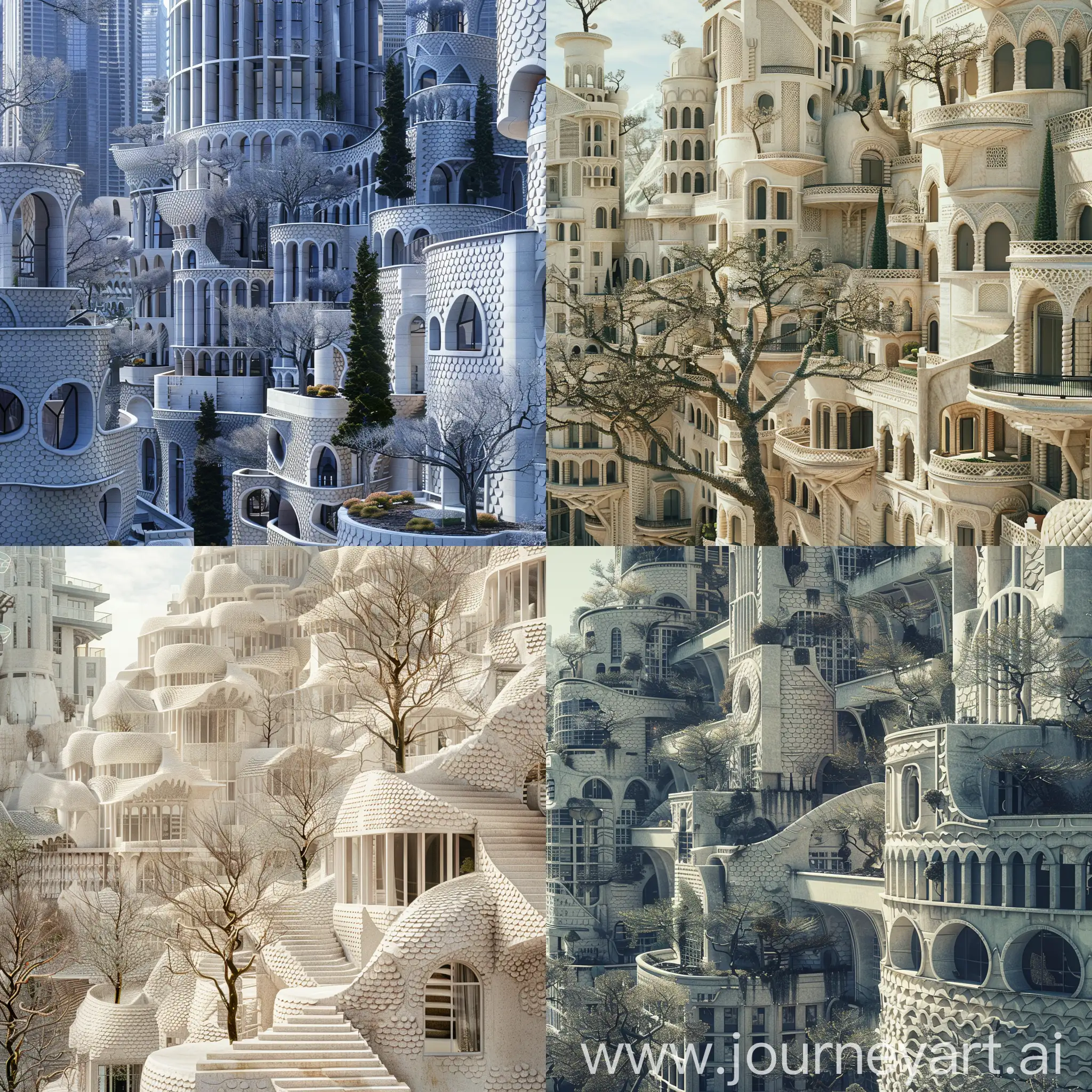Beautiful futuristic metropolis in an alternate timeline where all buildings retain traditional elements, ornate travertine architecture with scale-like patterns on facades and leafless trees, terraced buildings, Pacific Northwest climate, photograph