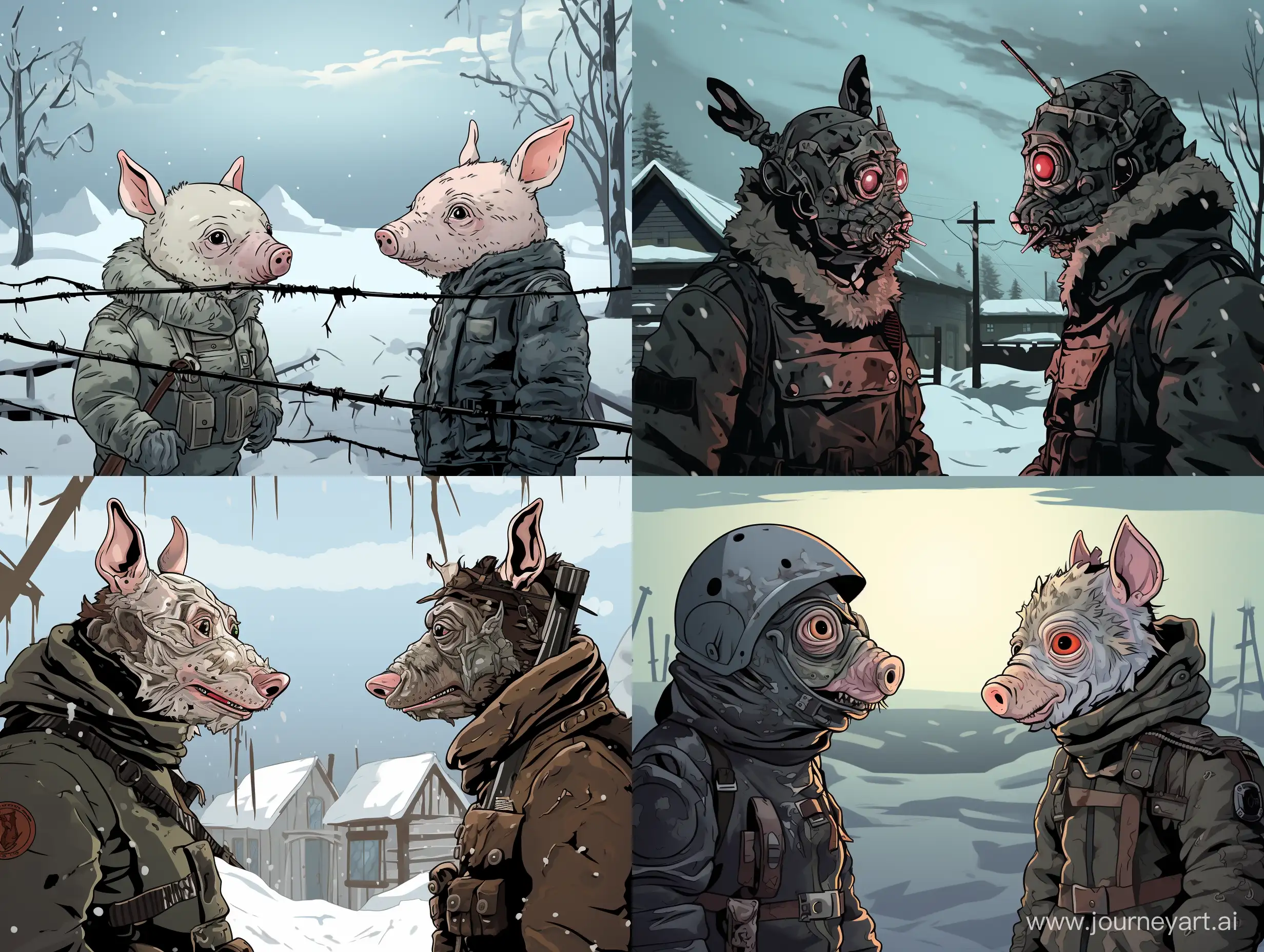 Two frozen piglets are talking to each other, Cartoon characters, military uniform and a bullet-ridden helmet, comics style, dirty snow, barbed wire, snow-covered trenches, grey sky, dark, gloomy in winter, big image --ar 12:9