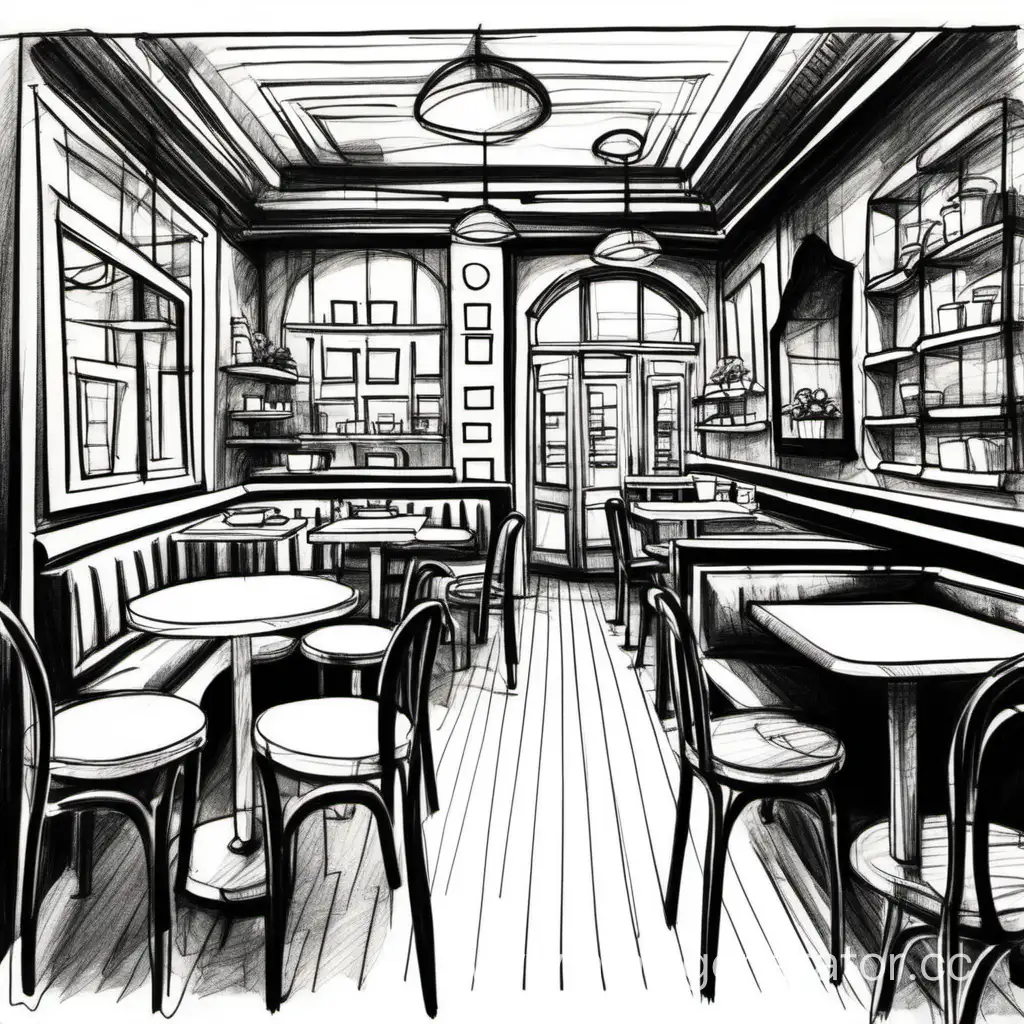 Symmetrical-Black-and-White-Marker-Sketch-of-Cafe-Interior