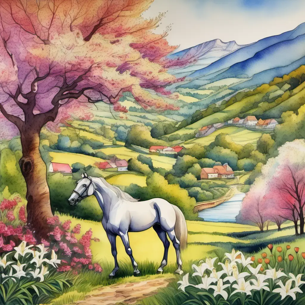 Tranquil Valley with Blossoming Cherry Trees and Grazing Horse