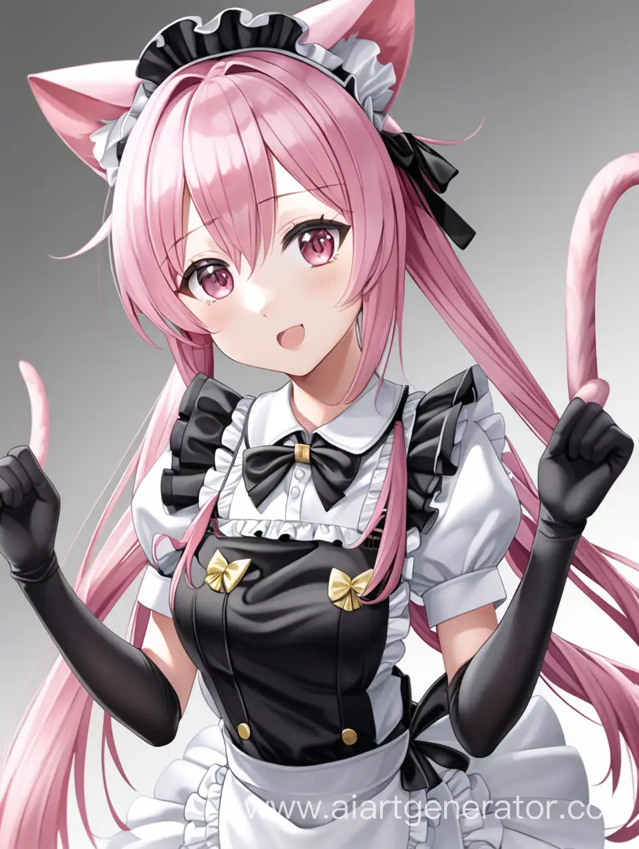 Anime cute 1 girl cat ears pinck hair small boobs black maid costume