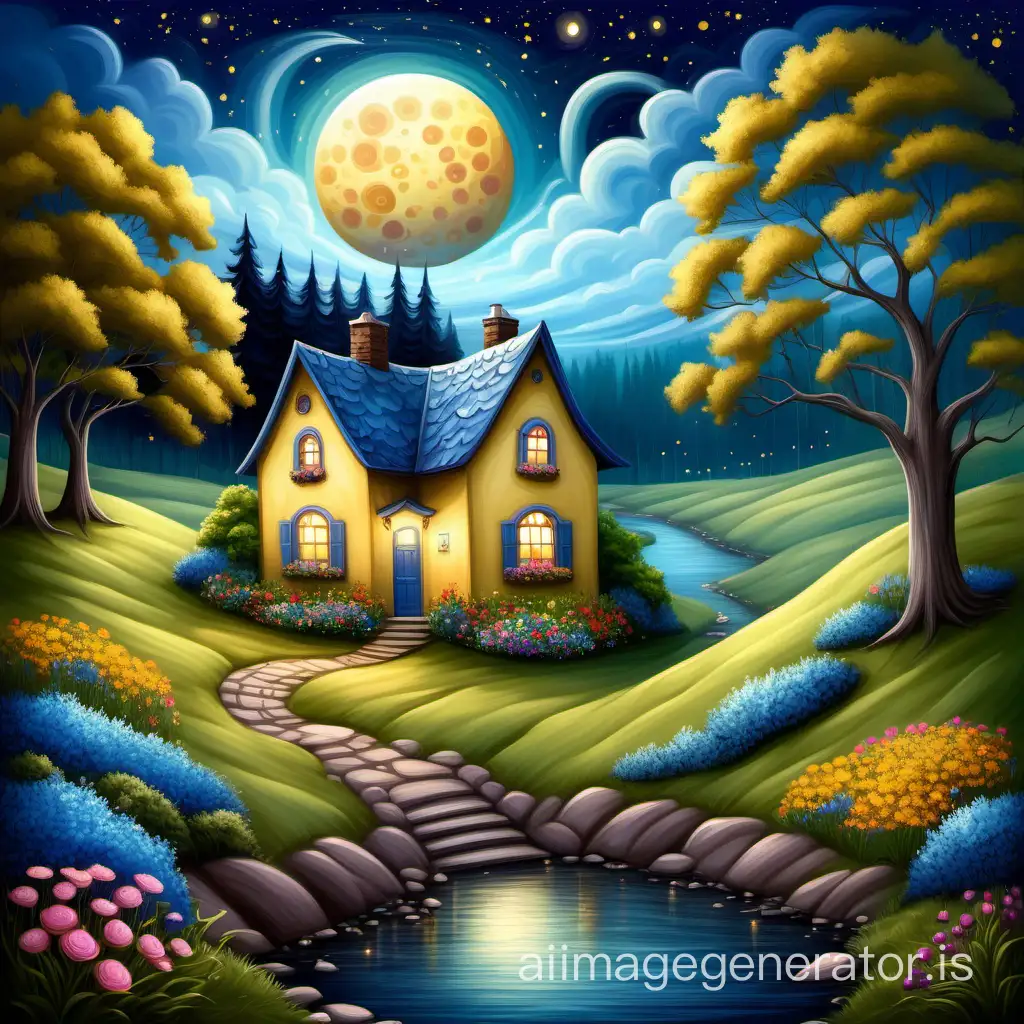 A whimsical and dreamy image of a surreal landscape at night under a big yellow moon and a starry sky. In the foreground, there is a meandering stream or river filled with brightly colored flowers, surrounded by grassy areas with even more blooming wildflowers. On a small hill sits a cozy white house with warm lights illuminating its windows and doorway, nestled under the branches of a large, winding tree with blue foliage. The overall scene evokes a sense of magic, peace and connection with nature. Painting of a house in a field with a river and a tree, cozy magical scene, house in the woods, whimsical art, idyllic cottage, small cottage, cottagecore!!, dreamy landscape painting, beautiful house on a forest path, whimsical fantasy landscape art, cottage In the forest, a relaxing and pleasant view, a house in the forest, dreamy and detailed
