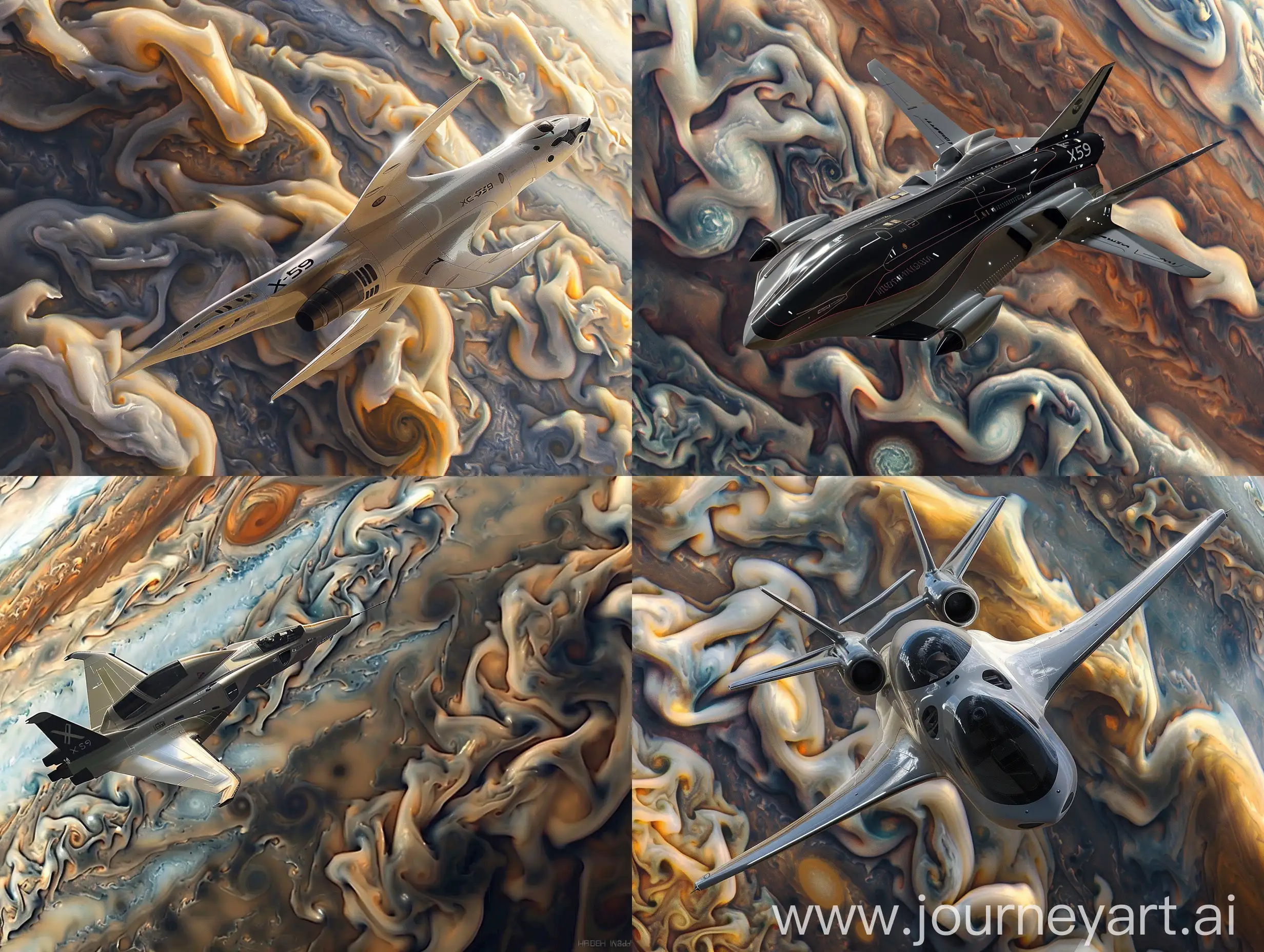 Futuristic-X59-Aircraft-Soaring-Above-Jupiters-Whirling-Cloud-Tornadoes