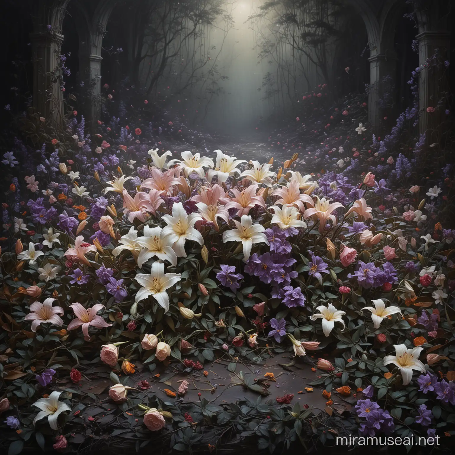 A bed of radiant, decaying flowers in the underworld, the petals vibrant amidst the darkness. The roses and lilies, once vibrant, now wilting yet still emitting a ghostly glow in the dim light. The scene is captured in a stunning oil painting, showcasing every delicate detail with a haunting beauty. The flowers, a kaleidoscope of colors from whites to deep purples, evoke a sense of melancholy and ephemeral charm. This mesmerizing image effortlessly combines the allure of life with the inevitability of decay, inviting the viewer to ponder on the fleeting nature of beauty.
