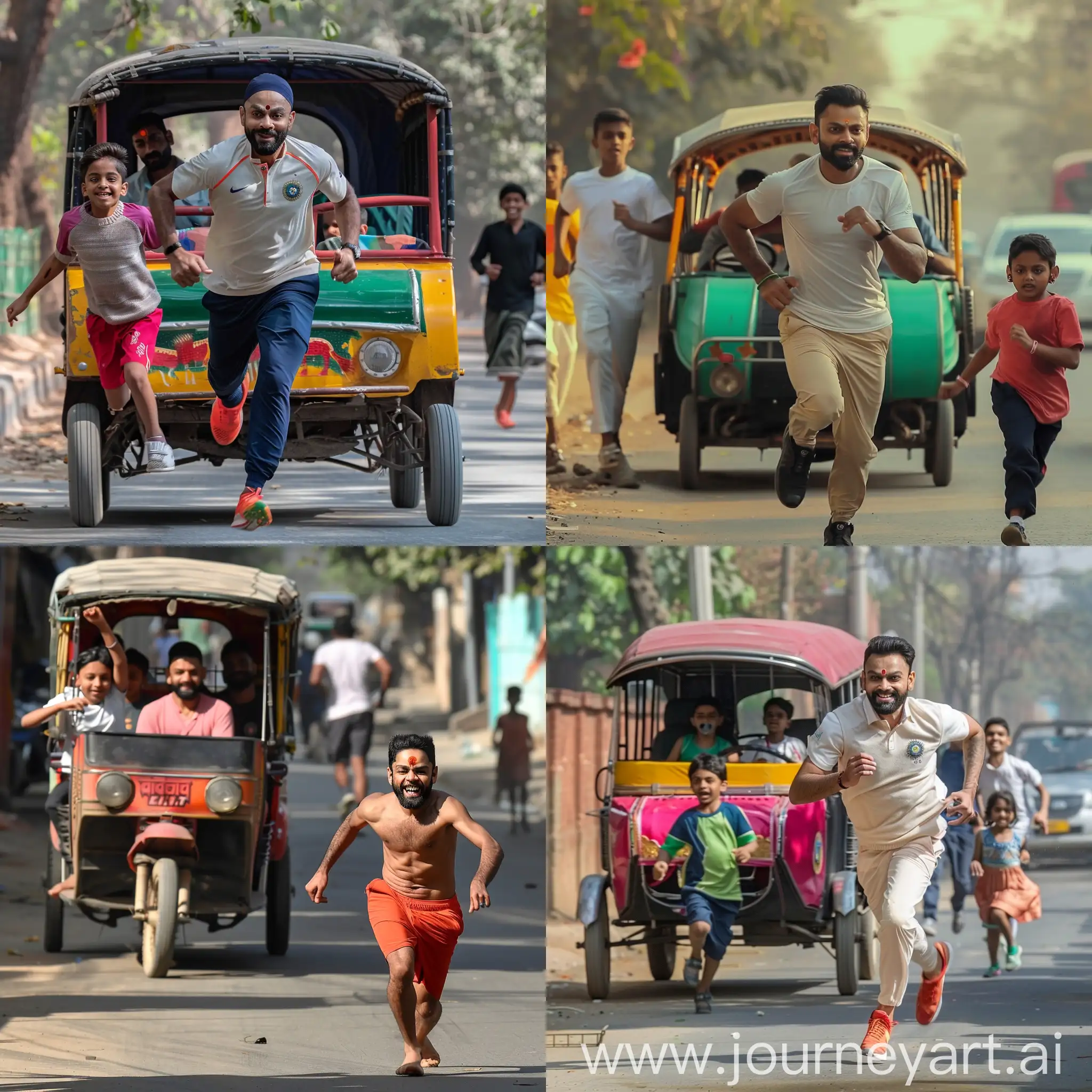 virat kohli running behind indian autorickshaw, kid dancing